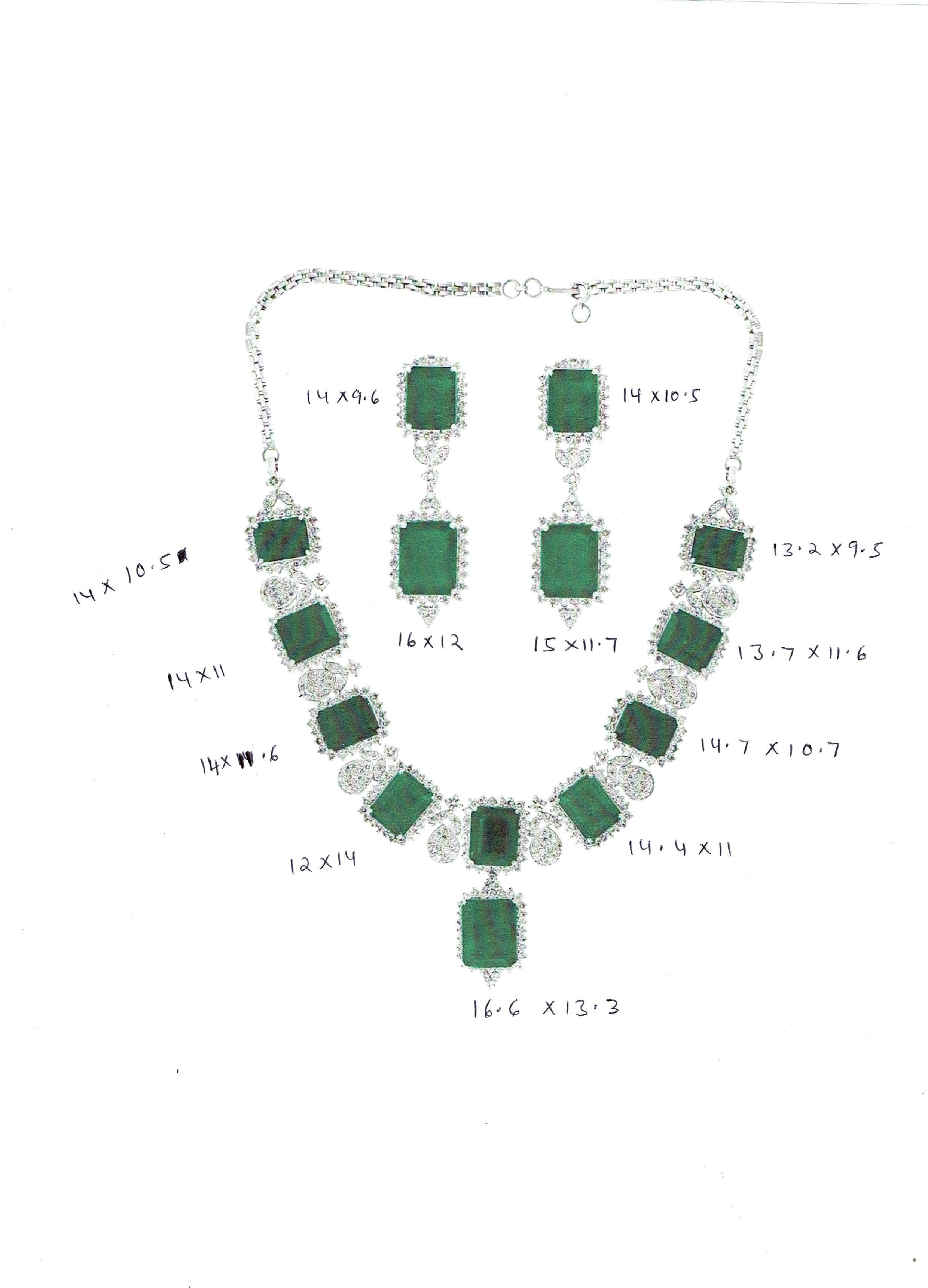 GIA Certified 135 Ct Emerald and 28 Ct Diamond Necklace and Earring Bridal Suite 6