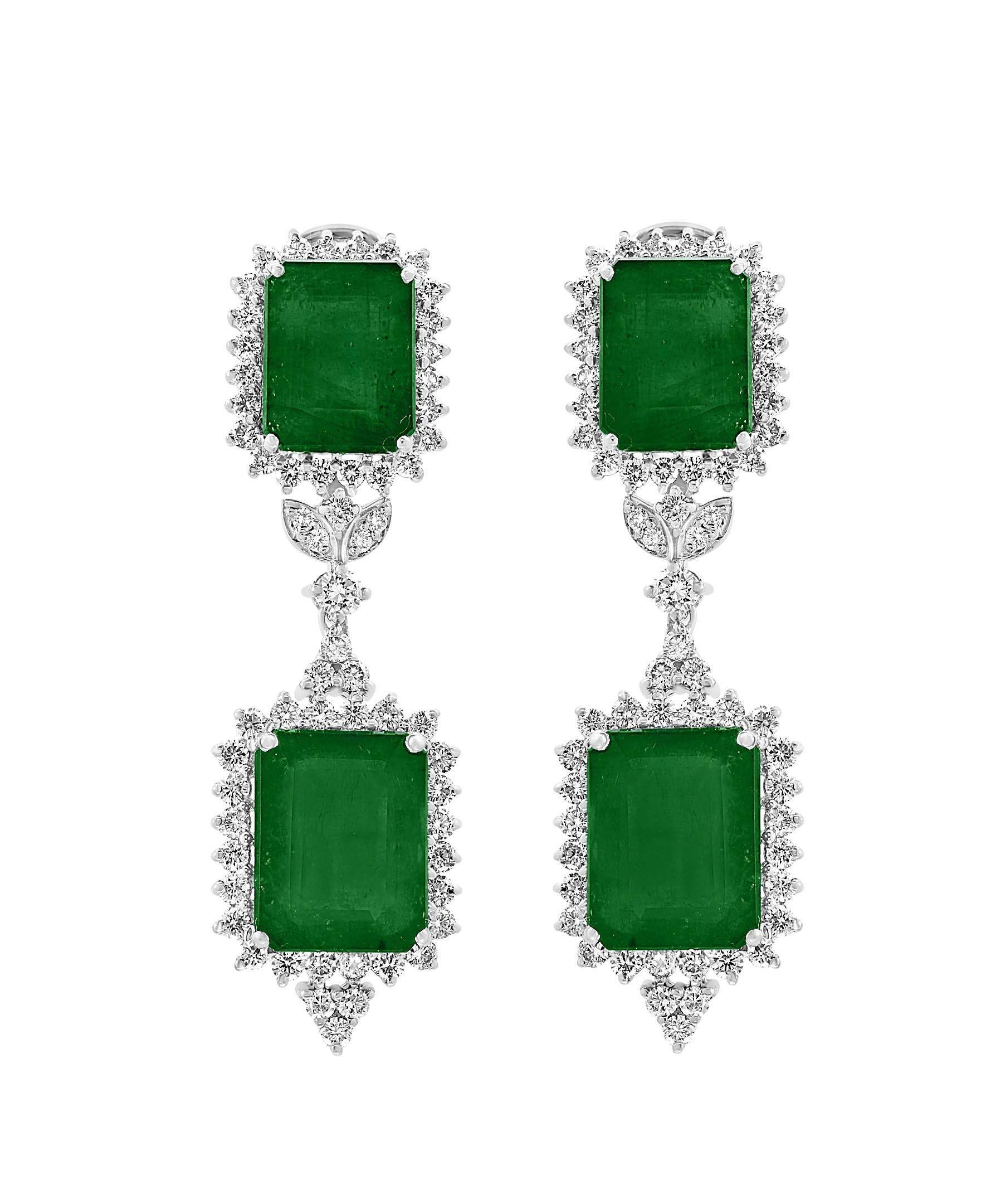 Emerald Cut GIA Certified 135 Ct Emerald and 28 Ct Diamond Necklace and Earring Bridal Suite