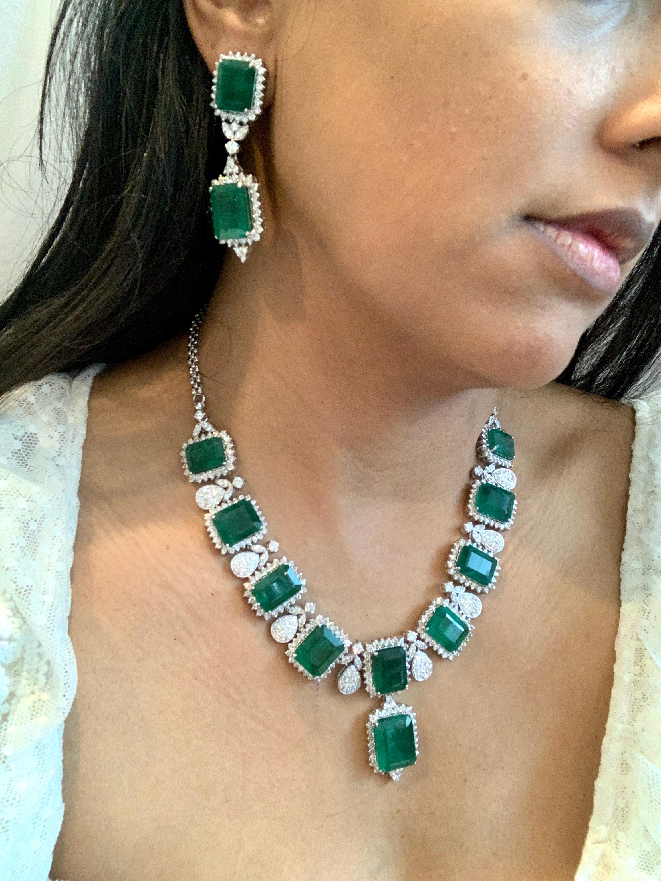 GIA Certified 135 Ct Emerald and 28 Ct Diamond Necklace and Earring Bridal Suite 7