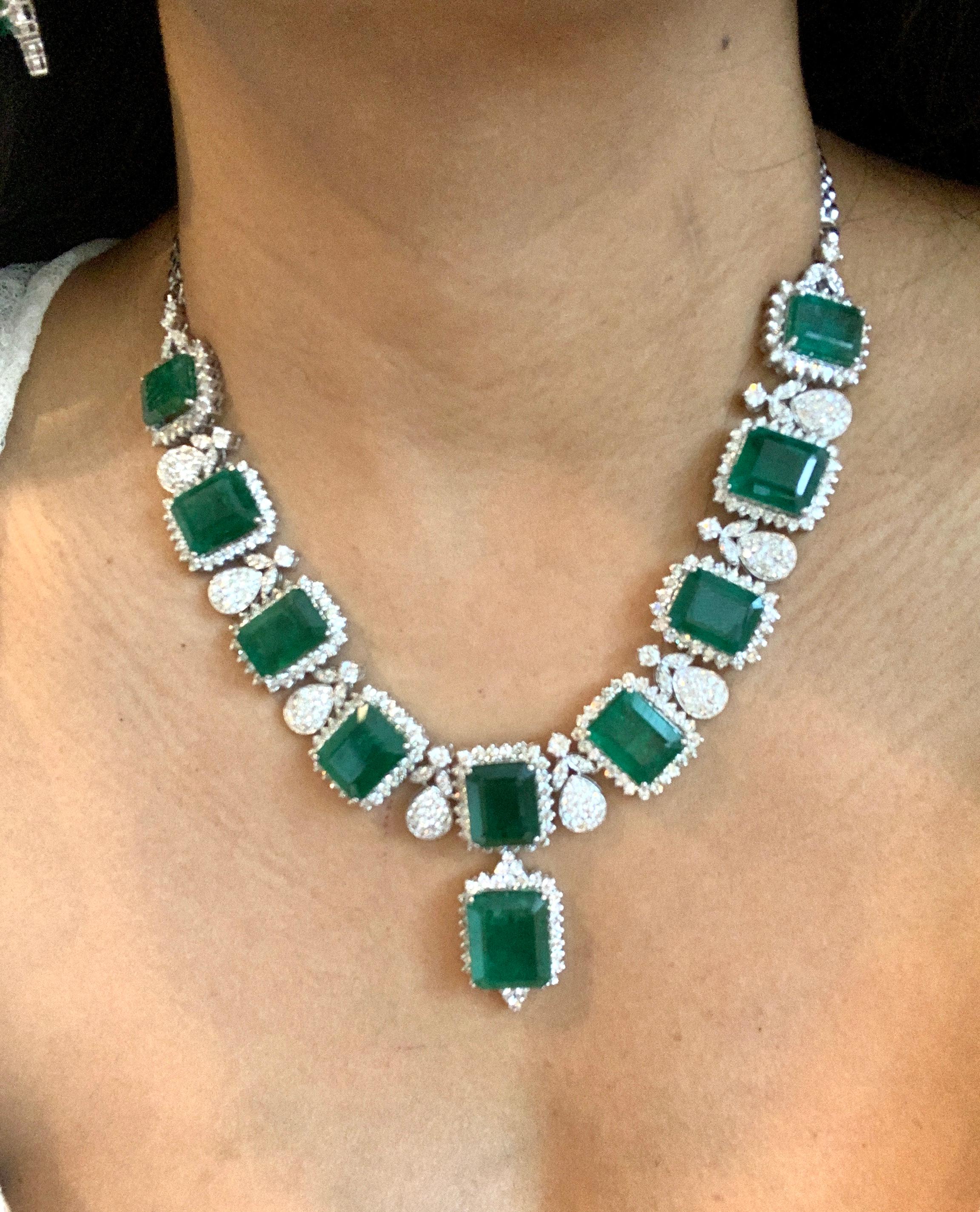 GIA Certified 135 Ct Emerald and 28 Ct Diamond Necklace and Earring Bridal Suite 8