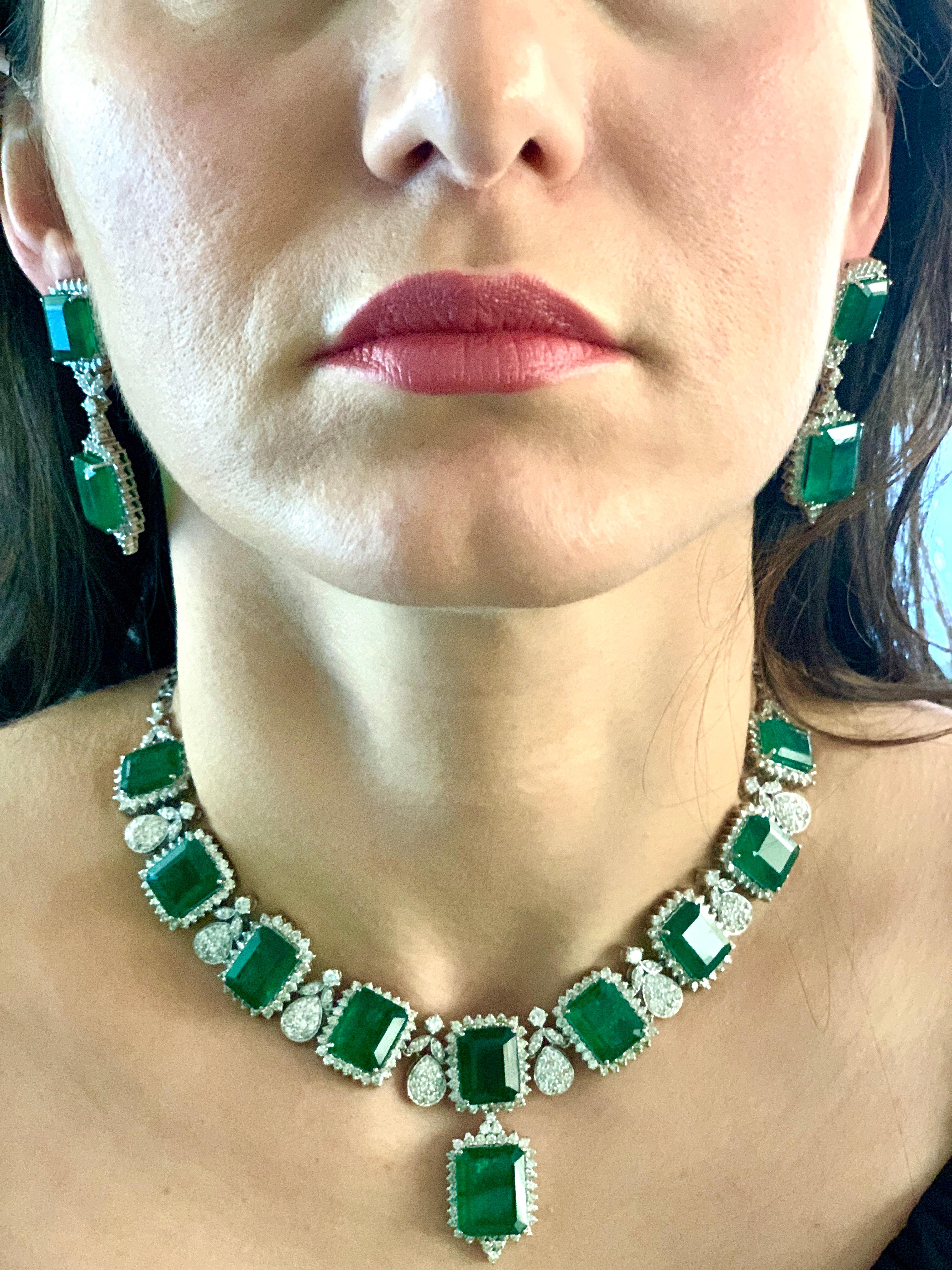 GIA Certified 135 Ct Emerald and 28 Ct Diamond Necklace and Earring Bridal Suite 10