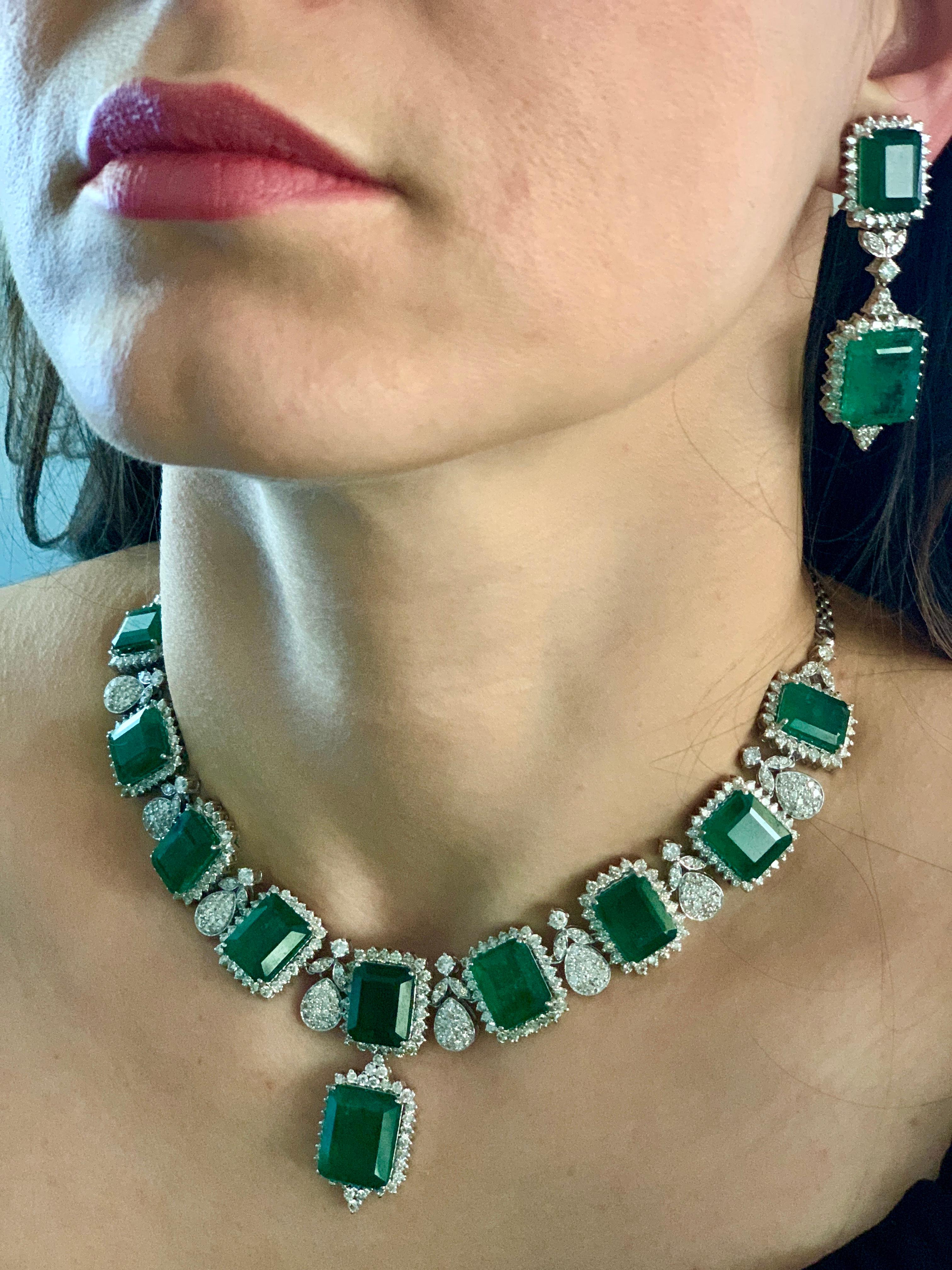 GIA Certified 135 Ct Emerald and 28 Ct Diamond Necklace and Earring Bridal Suite 11
