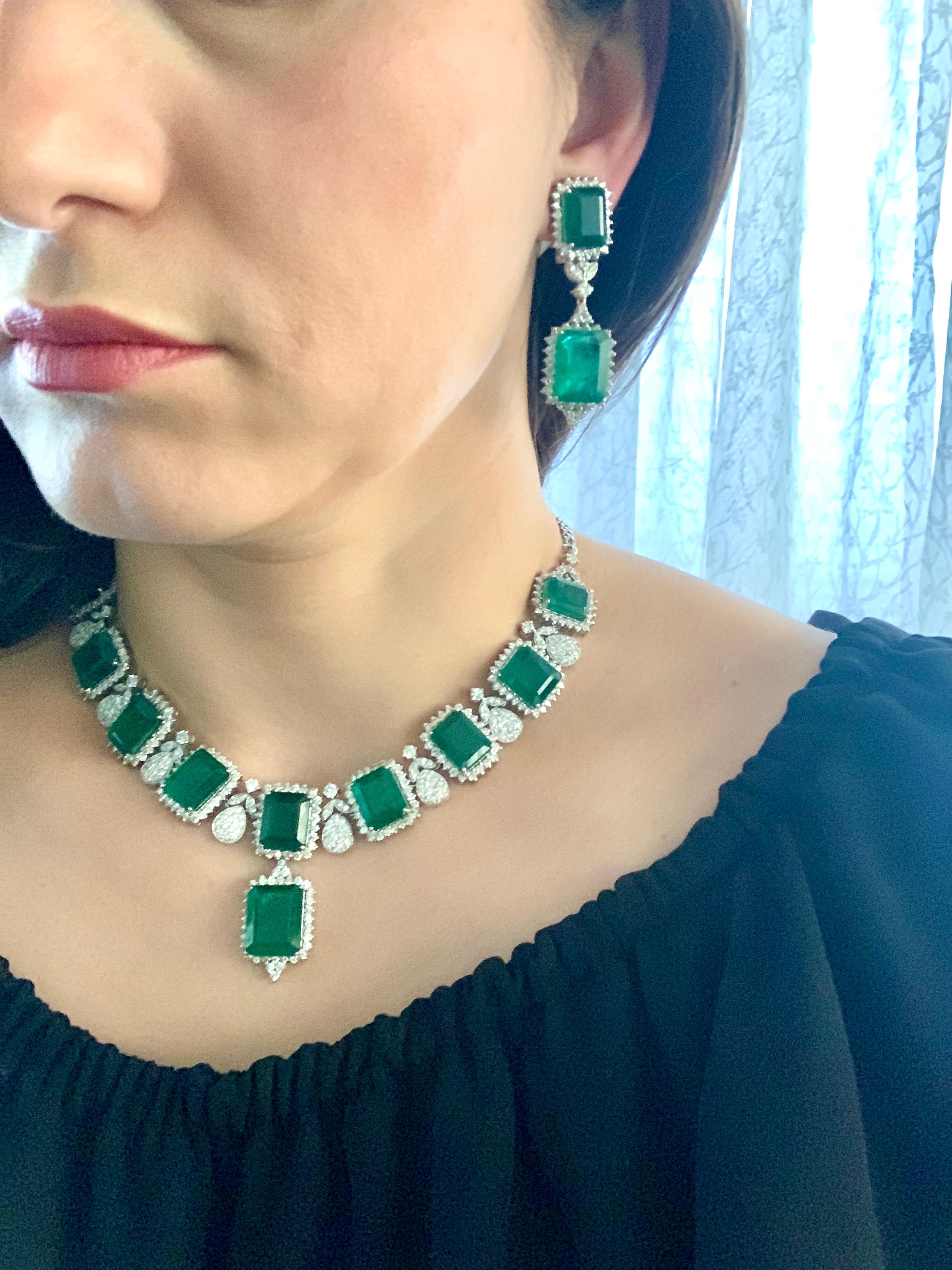 GIA Certified 135 Ct Emerald and 28 Ct Diamond Necklace and Earring Bridal Suite 12