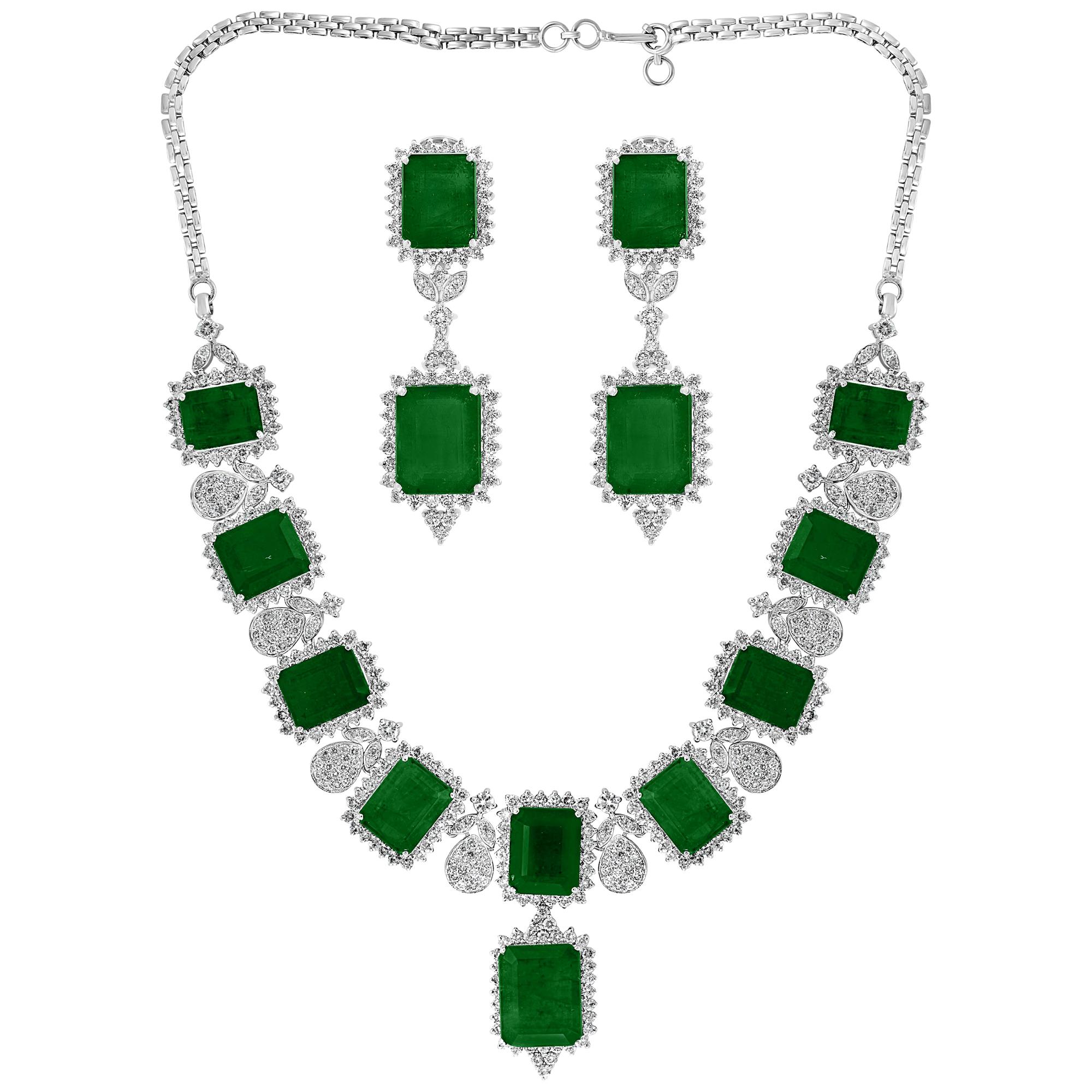 GIA Certified 135 Ct Emerald and 28 Ct Diamond Necklace and Earring Bridal Suite