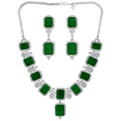 GIA Certified 135 Ct Emerald and 28 Ct Diamond Necklace and Earring Bridal Suite