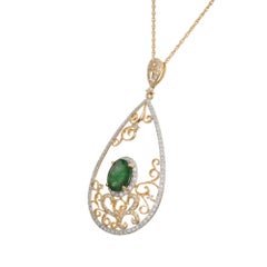 GIA Certified 1.35 Emerald Diamond Yellow Gold Filigree Pendant Necklace
