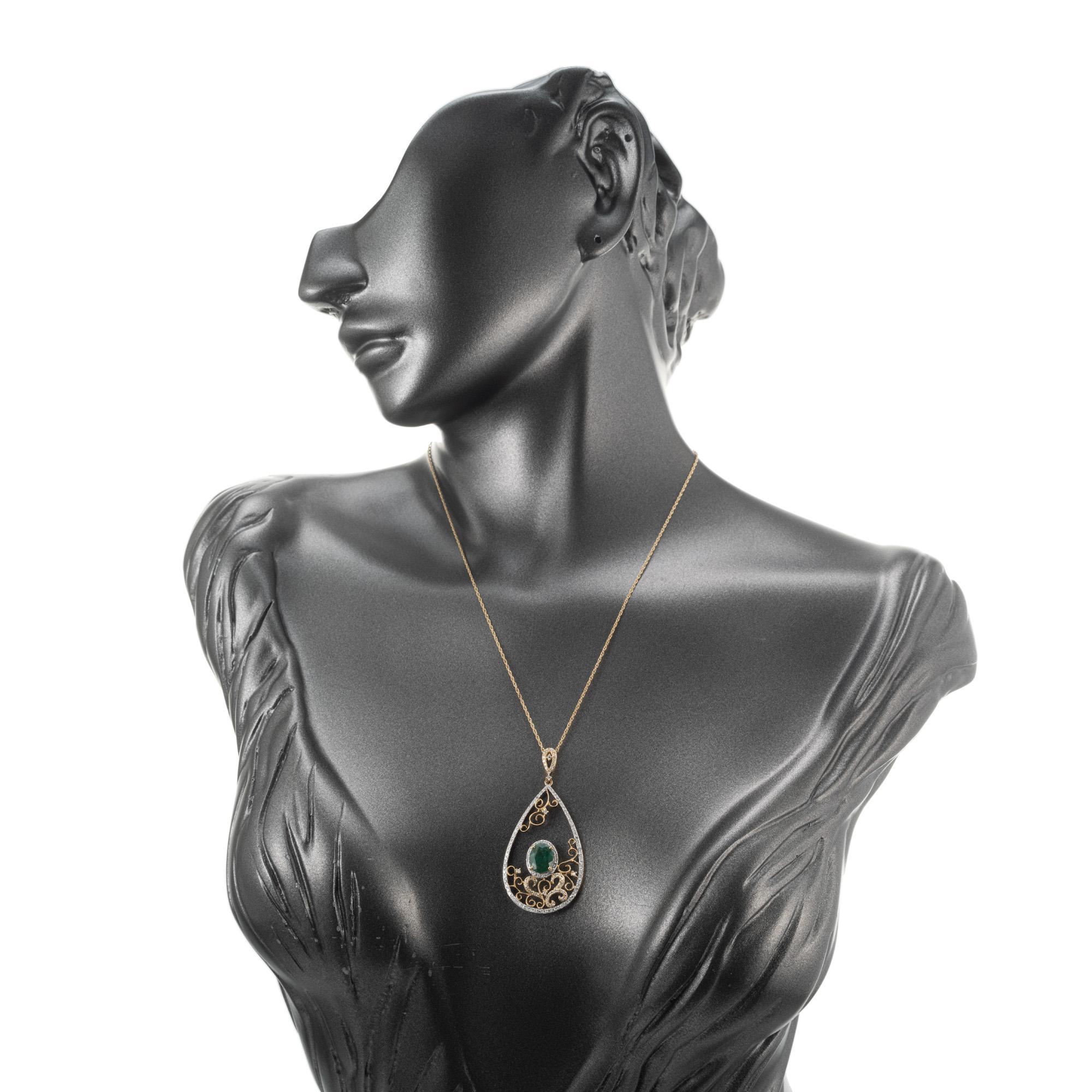 Oval Cut GIA Certified 1.35 Emerald Diamond Yellow Gold Filigree Pendant Necklace For Sale