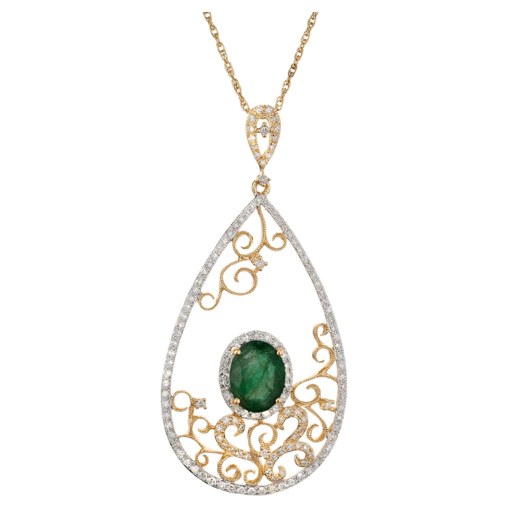 GIA Certified 1.35 Emerald Diamond Yellow Gold Filigree Pendant Necklace For Sale