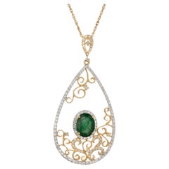 GIA Certified 1.35 Emerald Diamond Yellow Gold Filigree Pendant Necklace