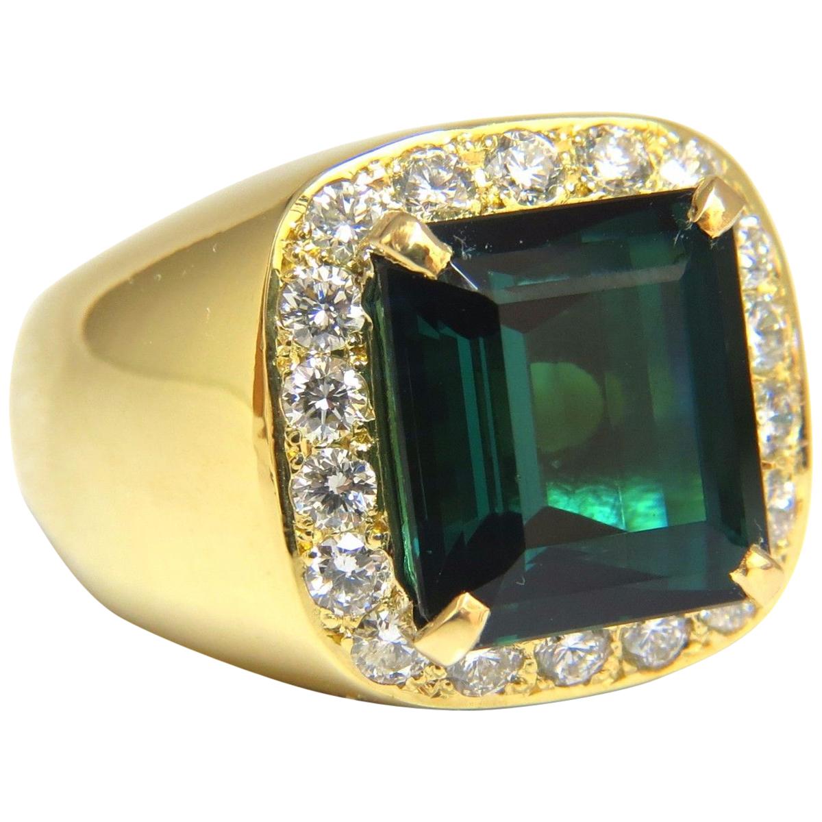GIA Certified 13.59ct Natural Vivid Blue Green Tourmaline diamonds ring 18kt For Sale
