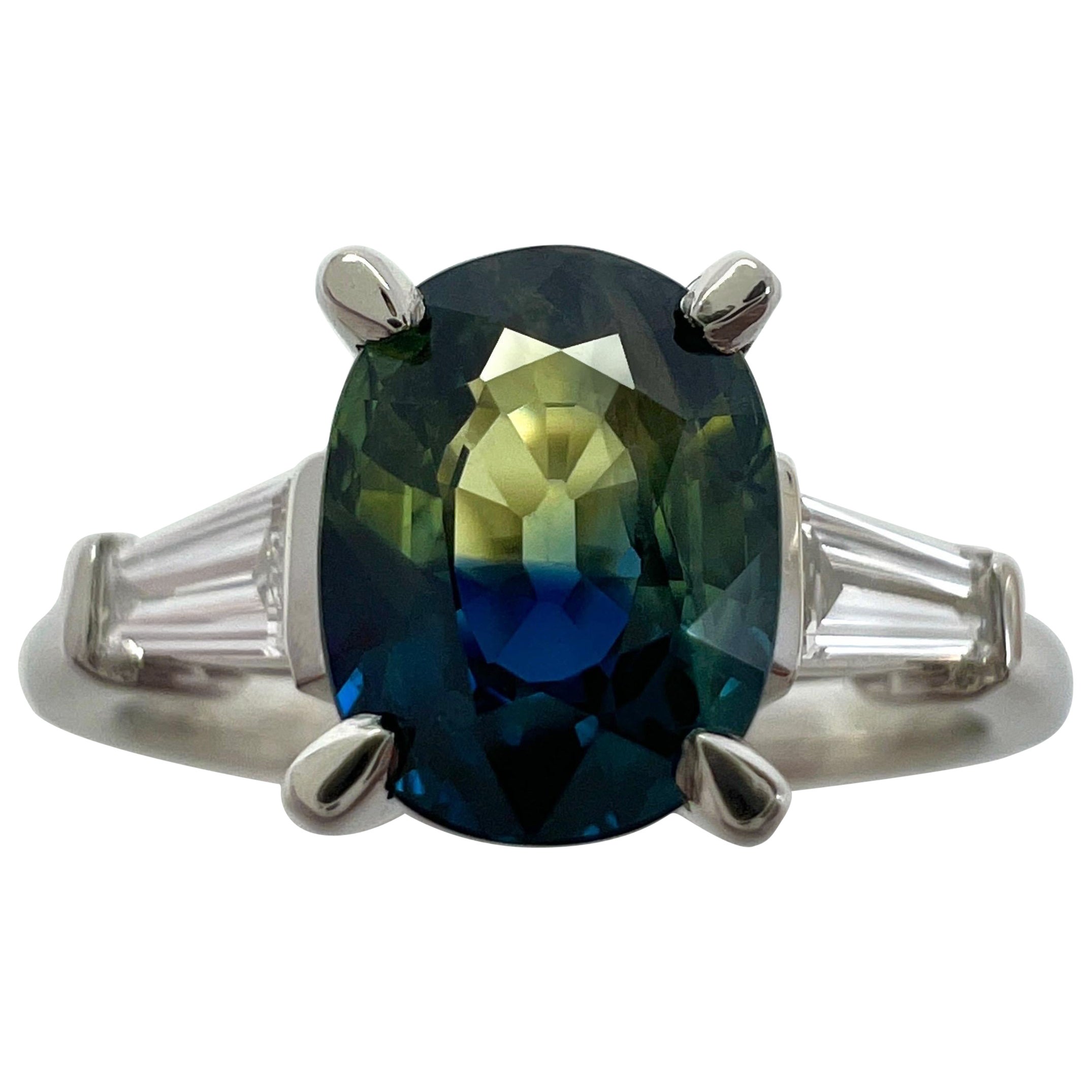 Anillo de platino con zafiro australiano bicolor y diamante de 1,35 ct certificado por GIA