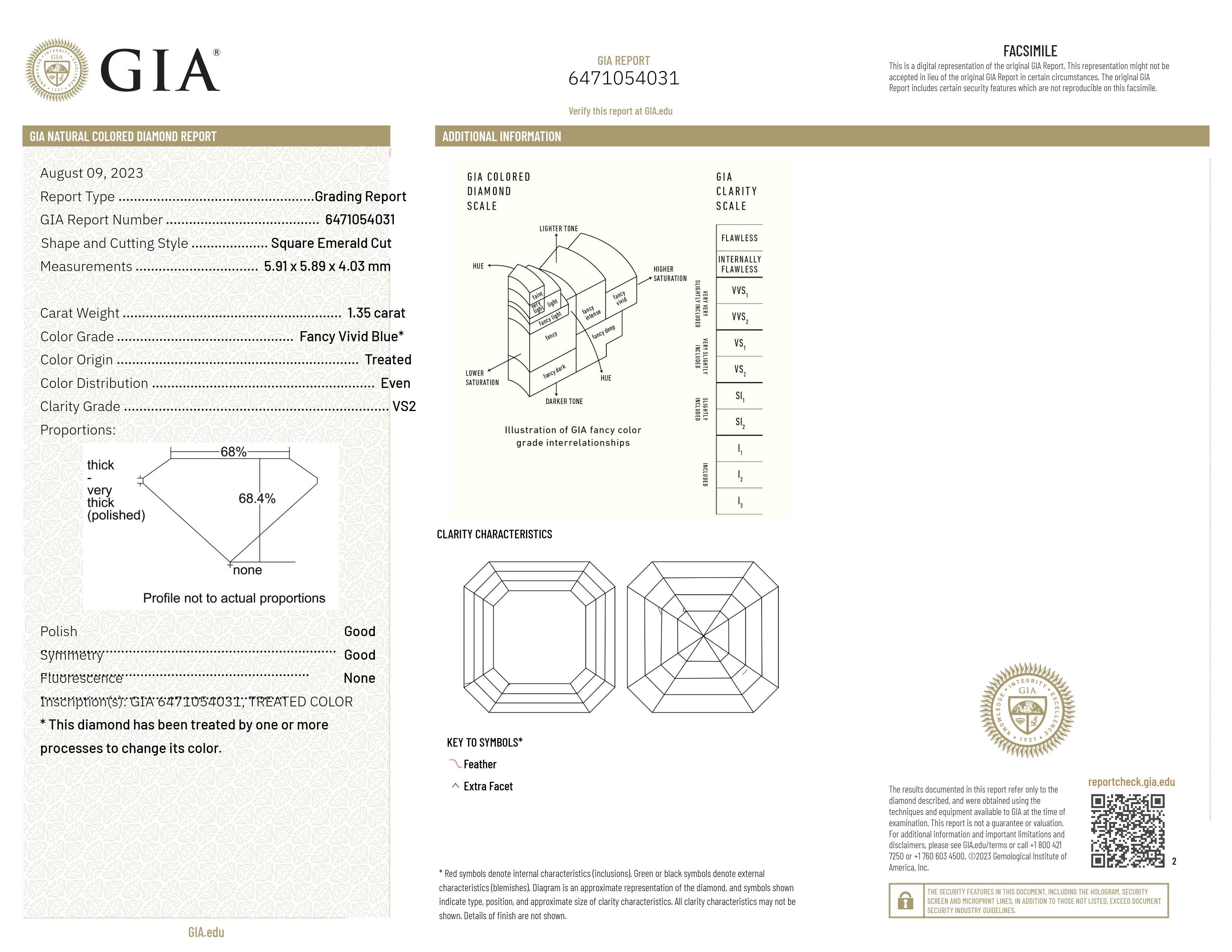 GIA Certified 1.35CT HPHT VS2 Square Emerald Cut Natural Blue Diamond For Sale 1