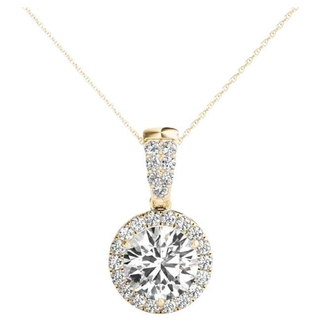GIA Certified 1.35ct Round Diamond Halo Gold Solitaire Pendant Necklace