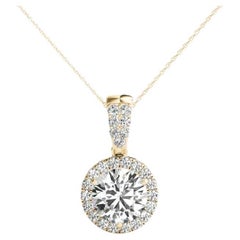 GIA Certified 1.35ct Round Diamond Halo Gold Solitaire Pendant Necklace