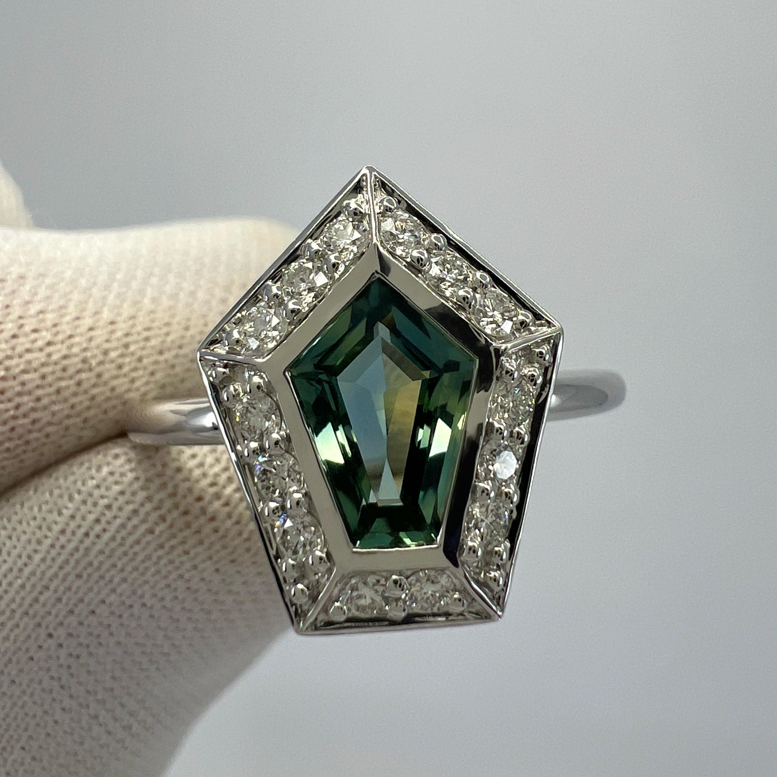 GIA Certified 1.35ct Untreated Sapphire Green Blue & Diamond 18k White Gold Ring For Sale 5