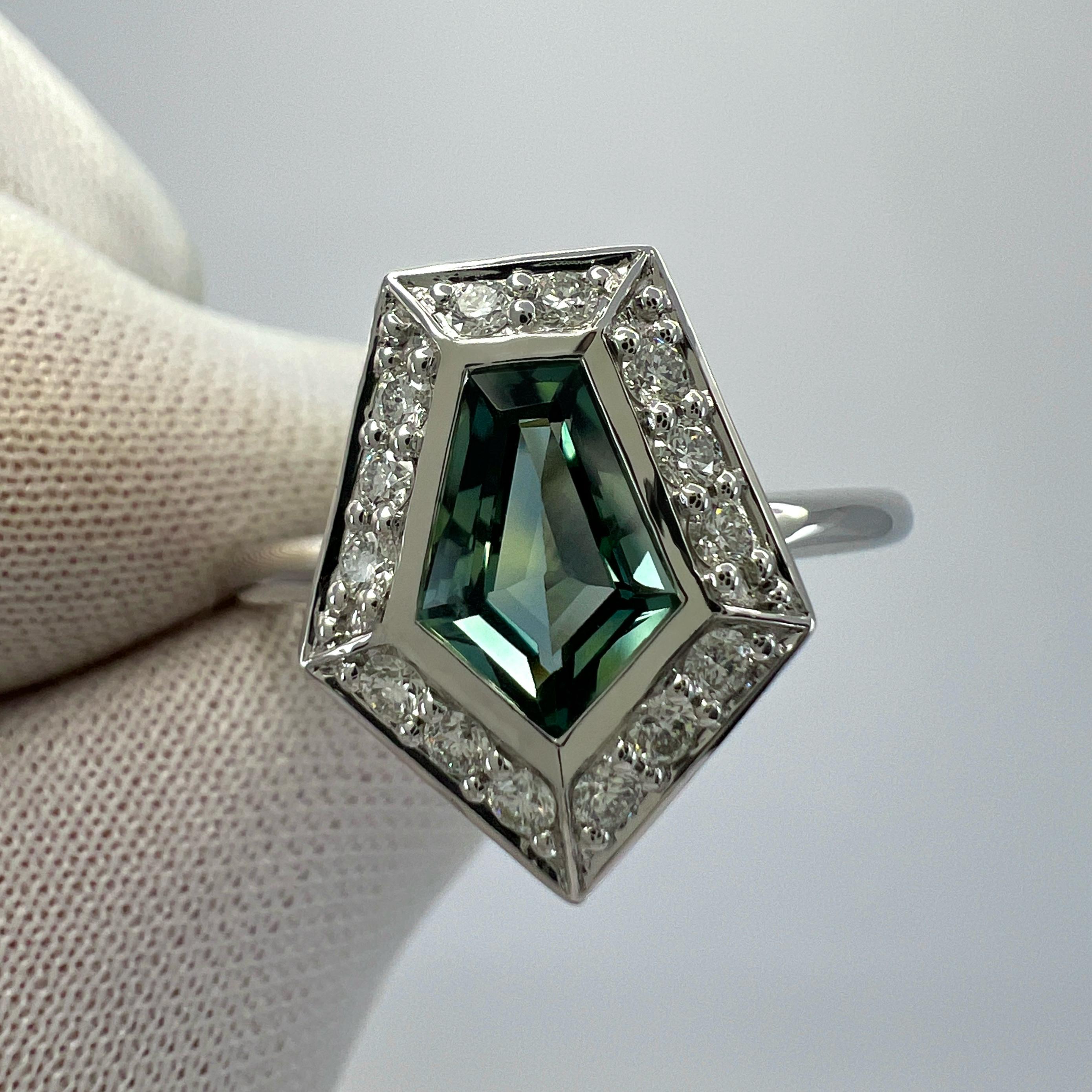 GIA Certified 1.35ct Untreated Sapphire Green Blue & Diamond 18k White Gold Ring For Sale 6
