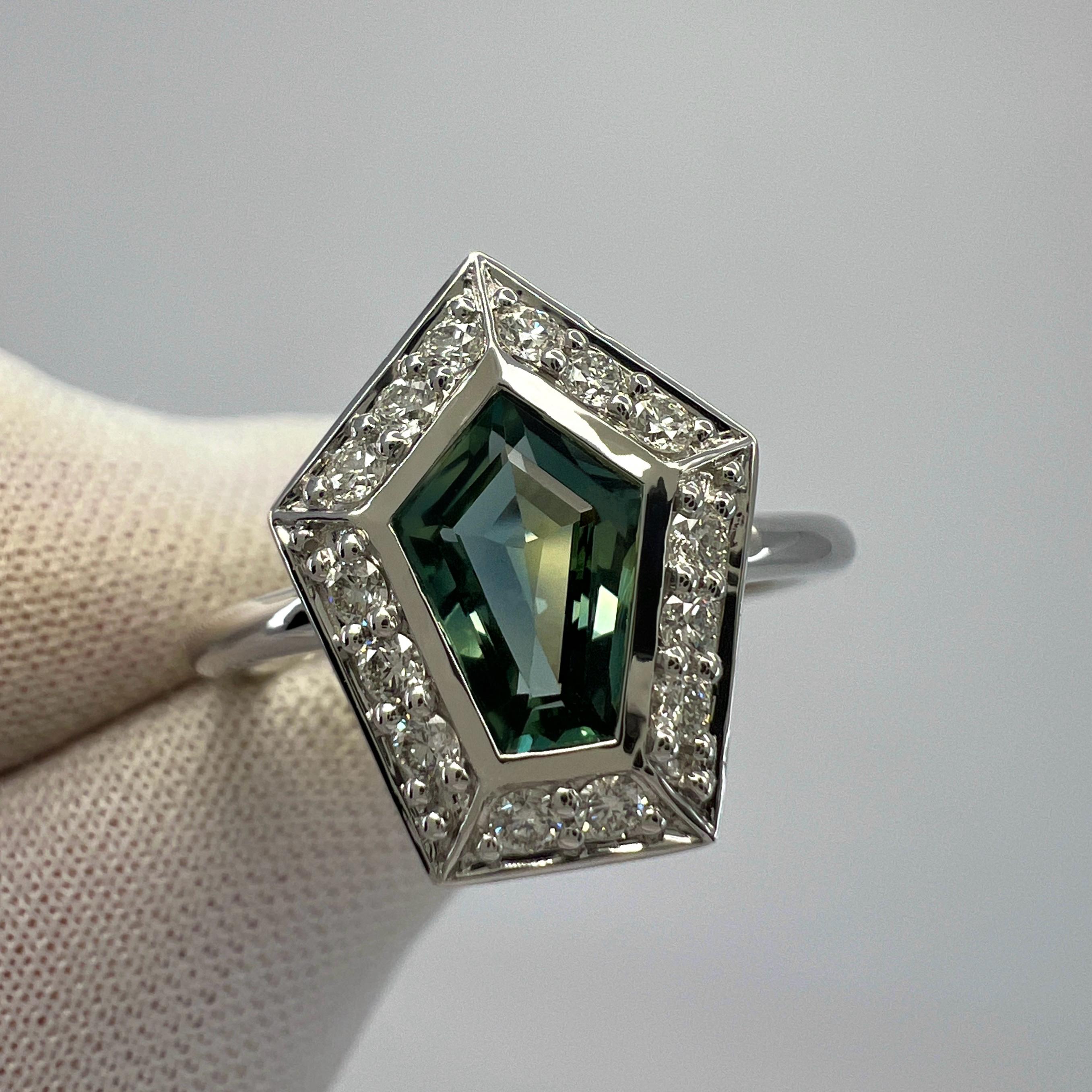 GIA Certified 1.35ct Untreated Sapphire Green Blue & Diamond 18k White Gold Ring In New Condition For Sale In Birmingham, GB