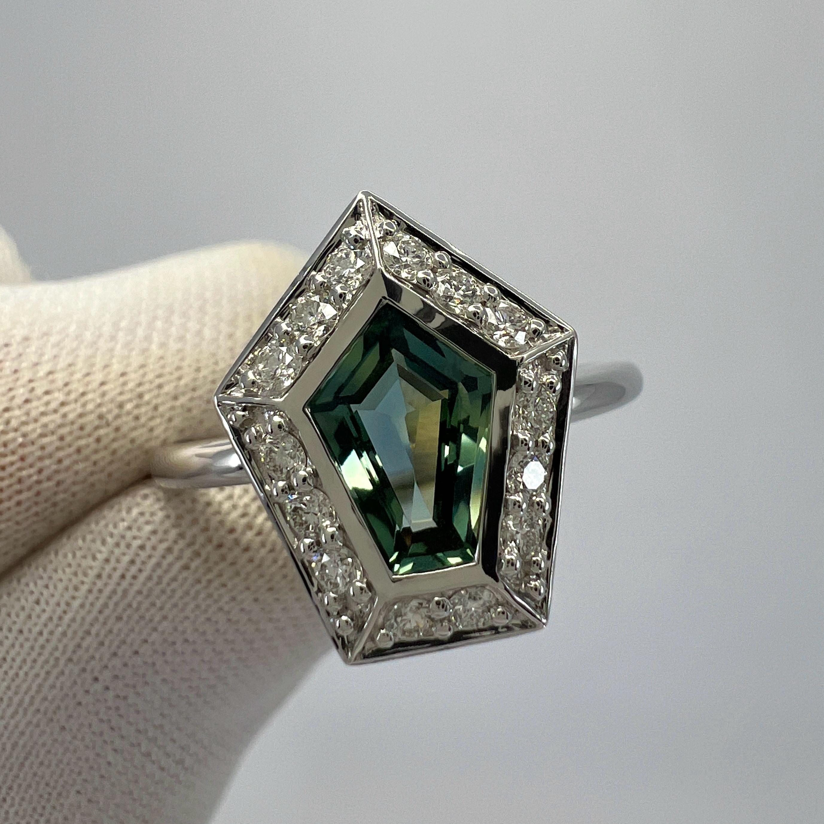 GIA Certified 1.35ct Untreated Sapphire Green Blue & Diamond 18k White Gold Ring For Sale 1