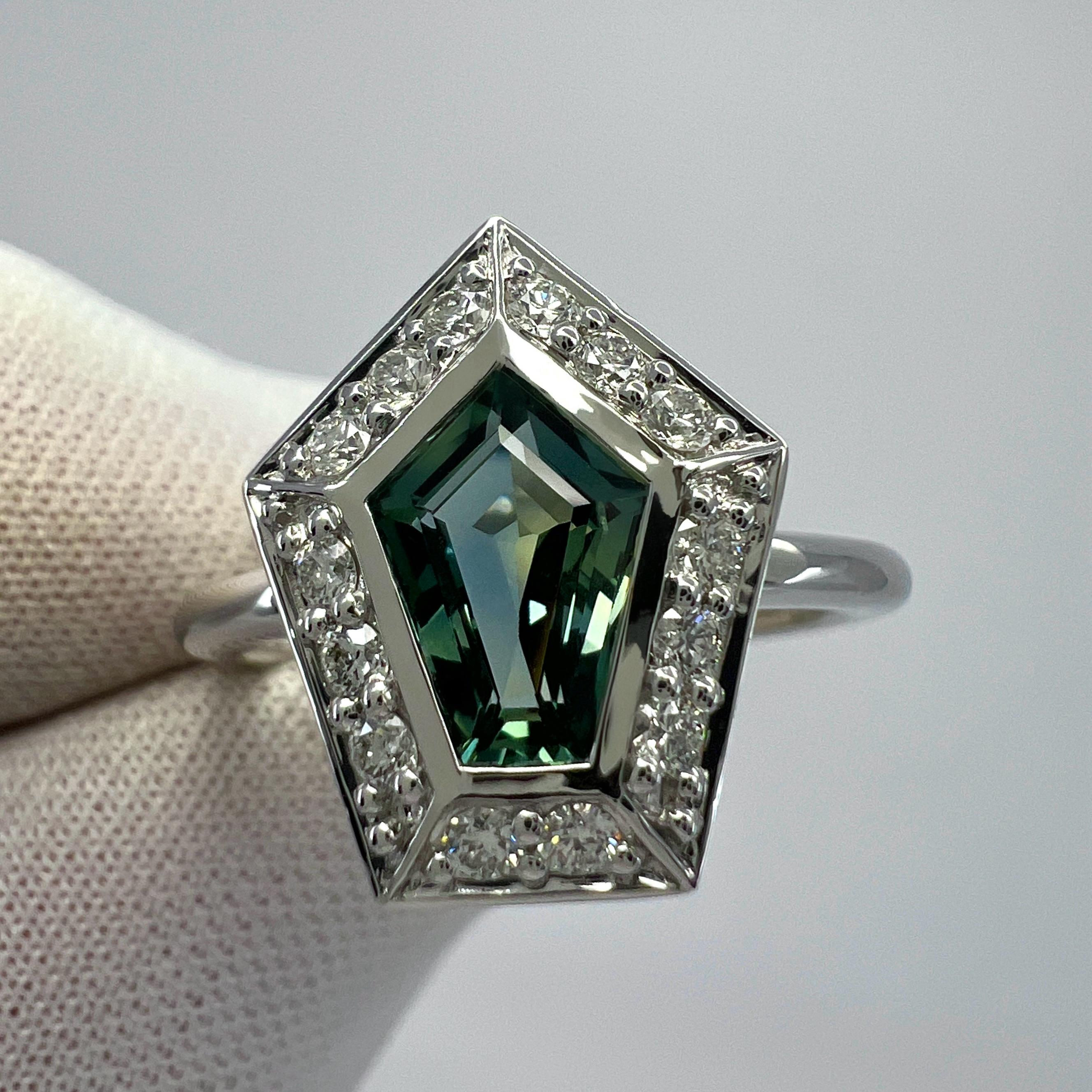 GIA Certified 1.35ct Untreated Sapphire Green Blue & Diamond 18k White Gold Ring For Sale 3