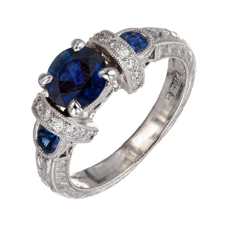 Round Cut GIA Certified 1.36 Carat Blue Sapphire Diamond Platinum Engagement Ring For Sale