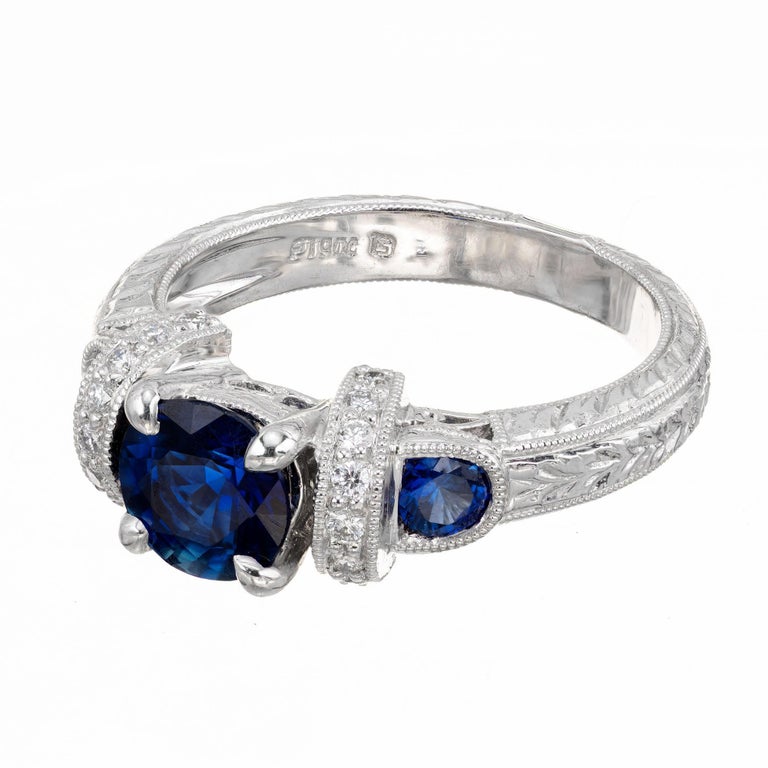 GIA Certified 1.36 Carat Blue Sapphire Diamond Platinum Engagement Ring In Excellent Condition For Sale In Stamford, CT