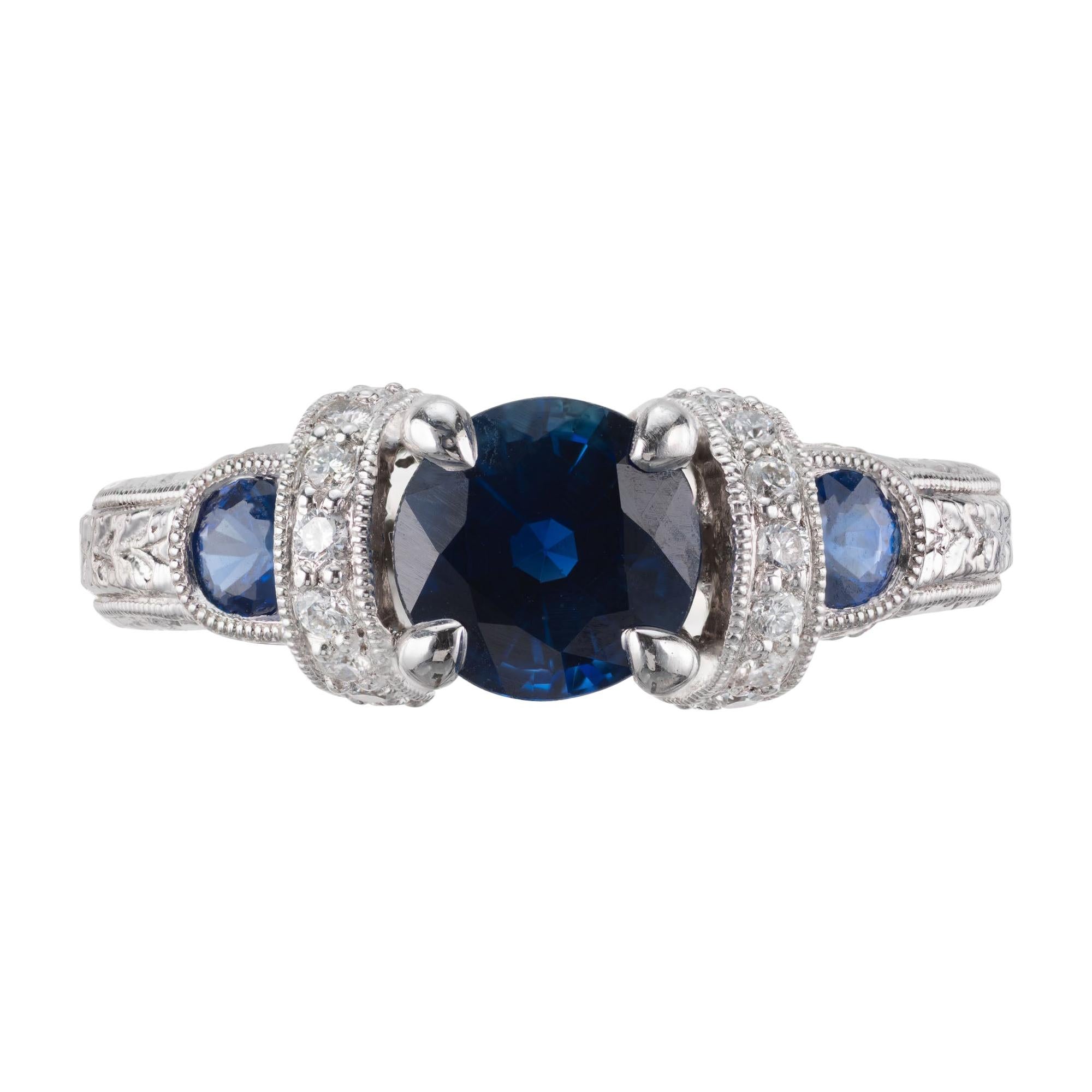 GIA Certified 1.36 Carat Blue Sapphire Diamond Platinum Engagement Ring