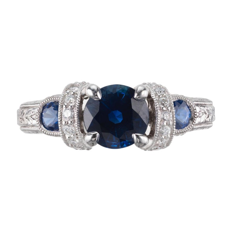 GIA Certified 1.36 Carat Blue Sapphire Diamond Platinum Engagement Ring For Sale