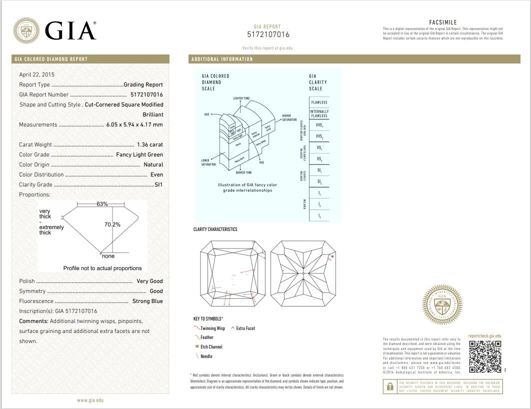 Diamante certificato GIA da 1,36 carati, di colore verde chiaro e di chiarezza SI1 in vendita 1