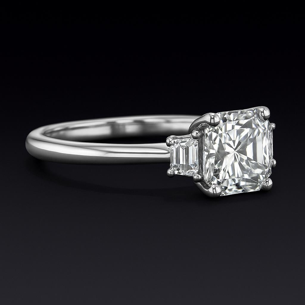 Taille Asscher GIA Certified 1.36 Carat Lucere Cut Diamond Three-Stone Engagement Ring in Plati en vente