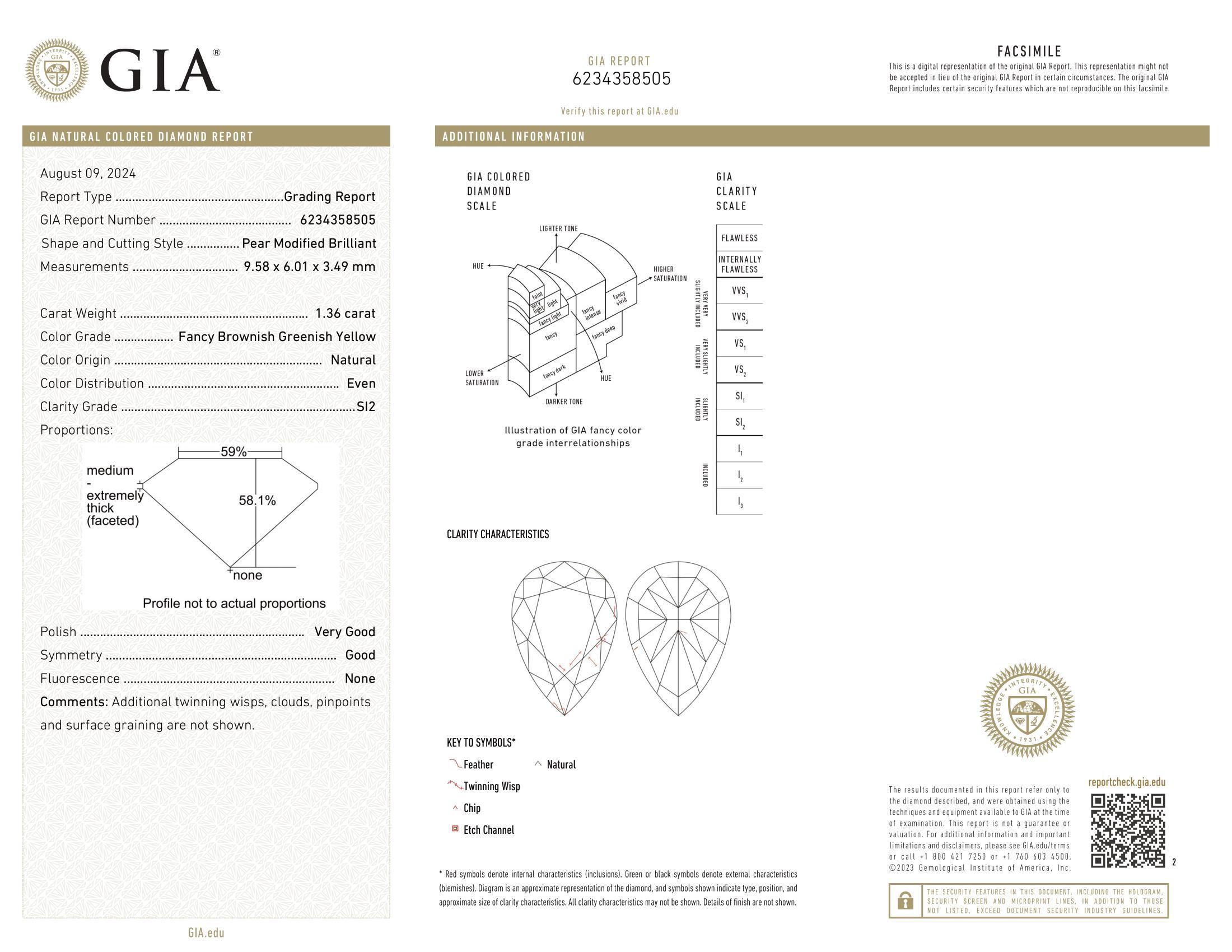 GIA Certified 1.36 carat Pear Fancy Brownish Greenish Yellow Natural Diamond For Sale 1