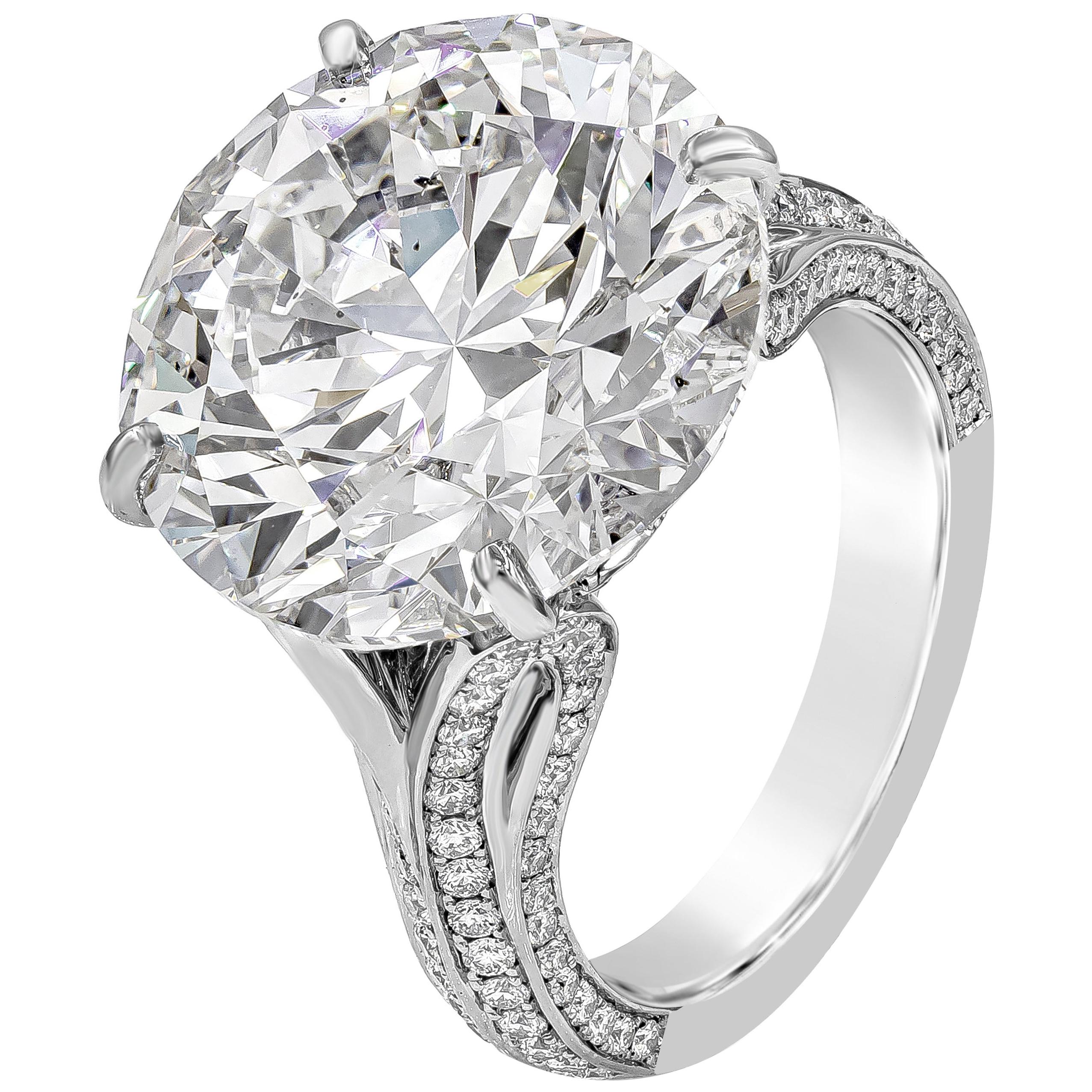 This brilliant, tempting designed engagement ring flawlessly made by Roman Malakov Diamonds showcasing a 13.67 carat total round brilliant diamond certified by GIA as G Color, SI1 in Clarity. Excellent in cut, polish & symmetry.  Set in a unique and