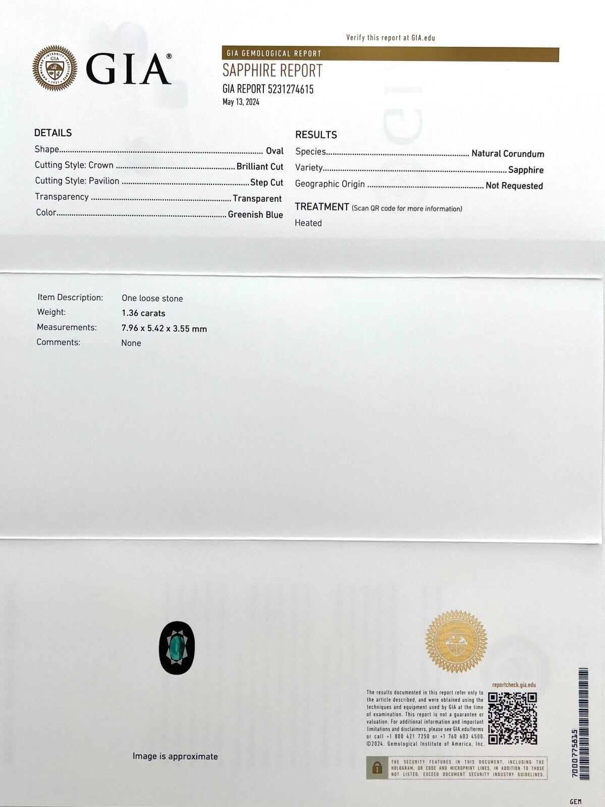 Gia Certified 1.36ct Green Blue Teal Rare Sapphire 7.9x5.4mm Oval Cut Gem

Natural Deep Green Blue Sapphire Gemstone.
1.36 Carat sapphire with a beautiful and unique deep green blue colour.
Fully certified by GIA confirming stone as natural.