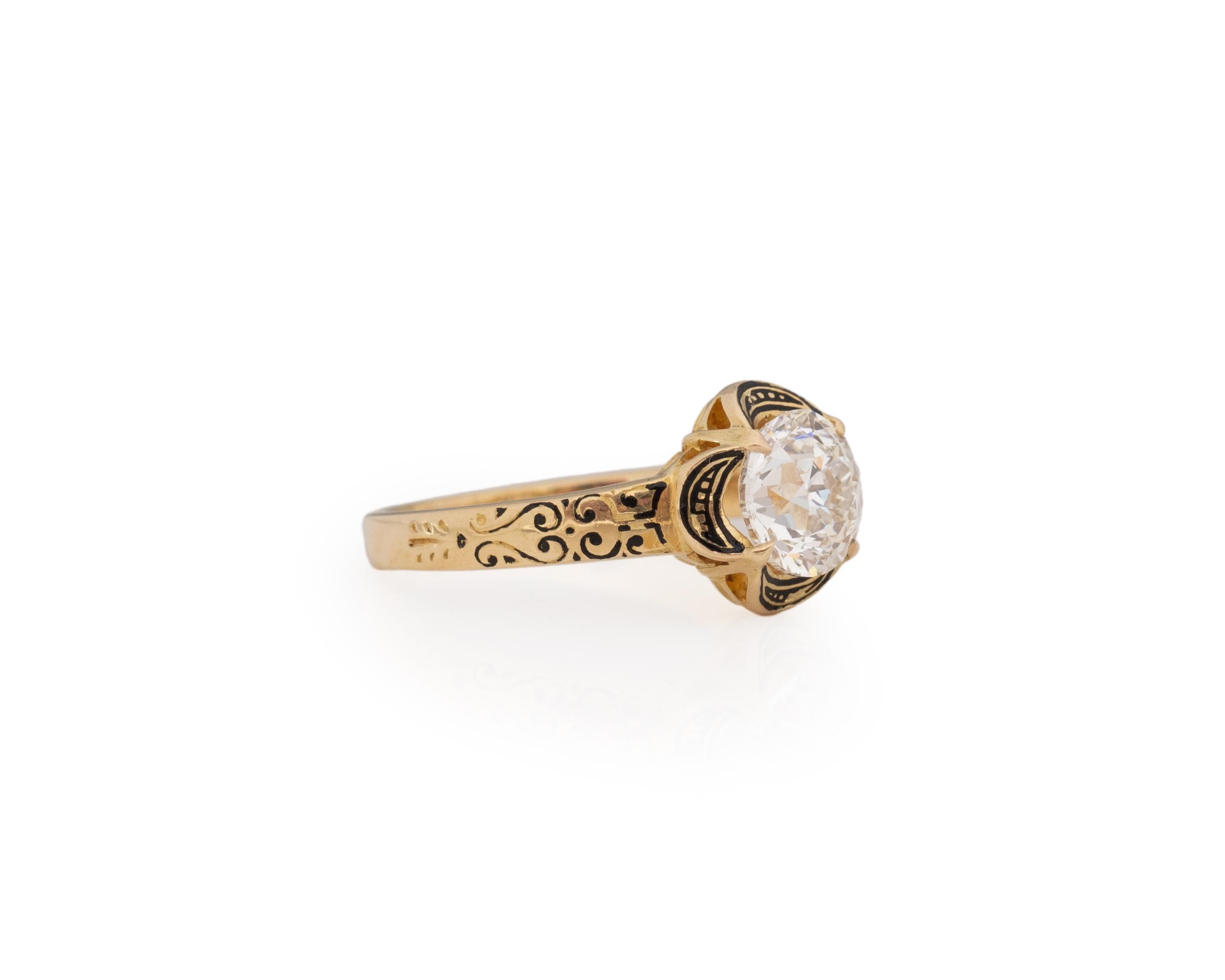 Ring Size: 6.25
Metal Type: 14K Yellow Gold [Hallmarked, and Tested]
Weight: 3.4 grams

Center Diamond Details:
GIA REPORT #: 5221633021
Weight: 1.37ct
Cut: Old European brilliant
Color: I
Clarity: SI1
Measurements: 6.80mm x 6.88mm x 4.62mm

Finger