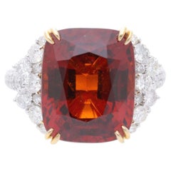 GIA Certified 13.75 Carat Hessonite Garnet & Diamond Platinum Cocktail Ring