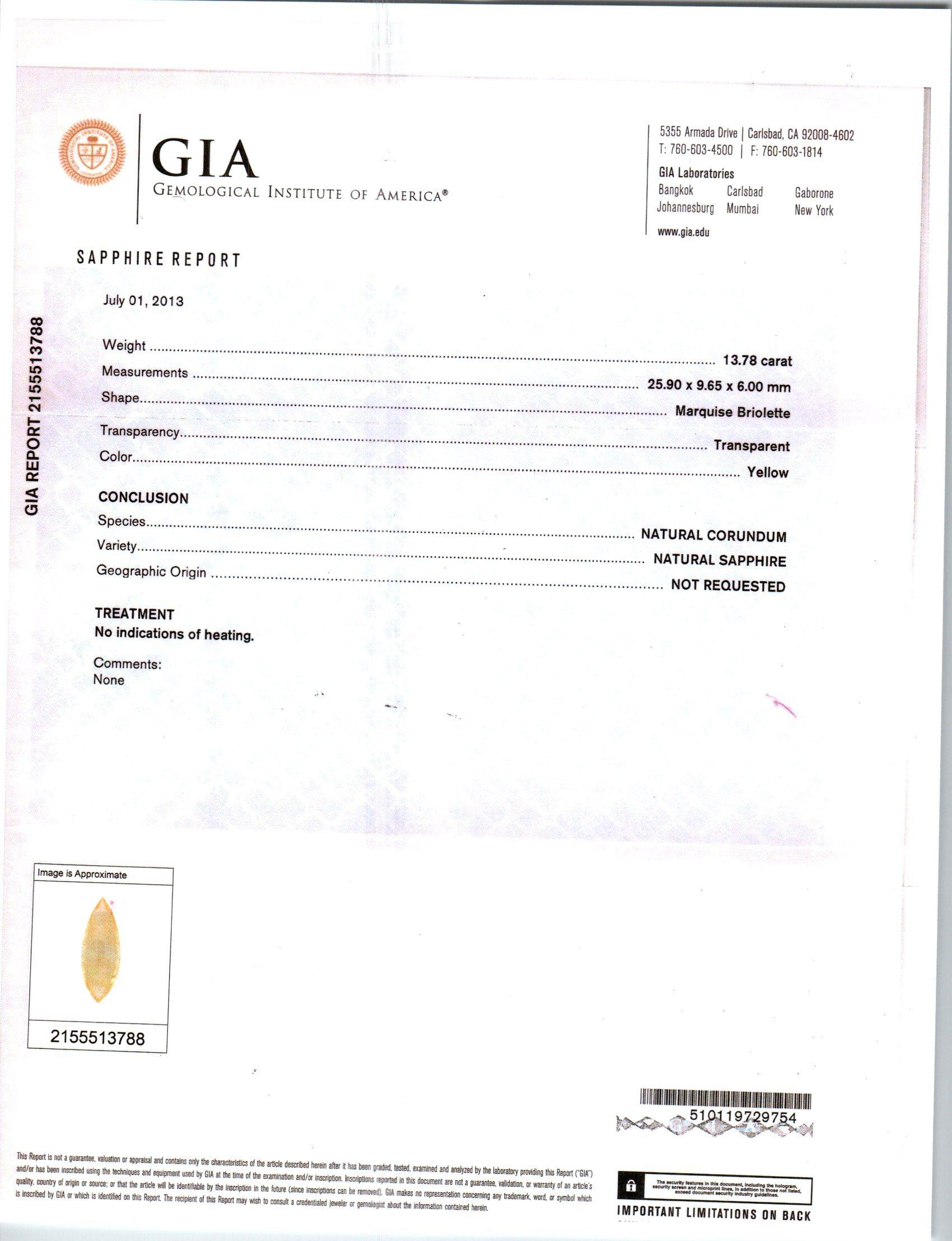 GIA Certified 13.78 Carat Yellow Sapphire Diamond Platinum Pendant Necklace For Sale 1