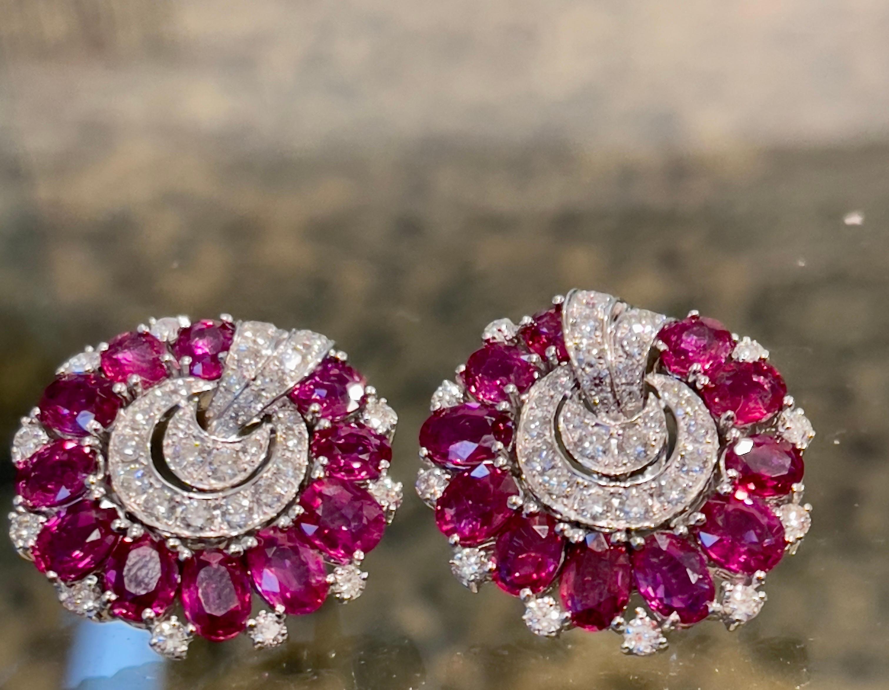 GIA Certified 13.78 Ct Natural Mozambique Ruby No Heat Diamond Earring Platinum In Excellent Condition For Sale In New York, NY