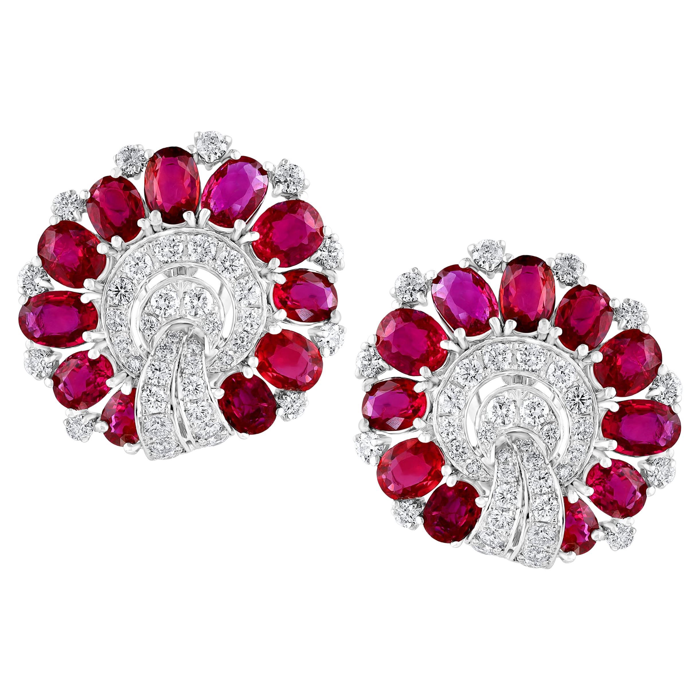 Boucles d'oreilles en platine avec diamants et rubis du Mozambique naturel de 13,78 carats certifiés GIA, sans chaleur