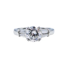 GIA Certified 1.37ct F I1 Round Diamond Platinum Baguette Engagement Ring