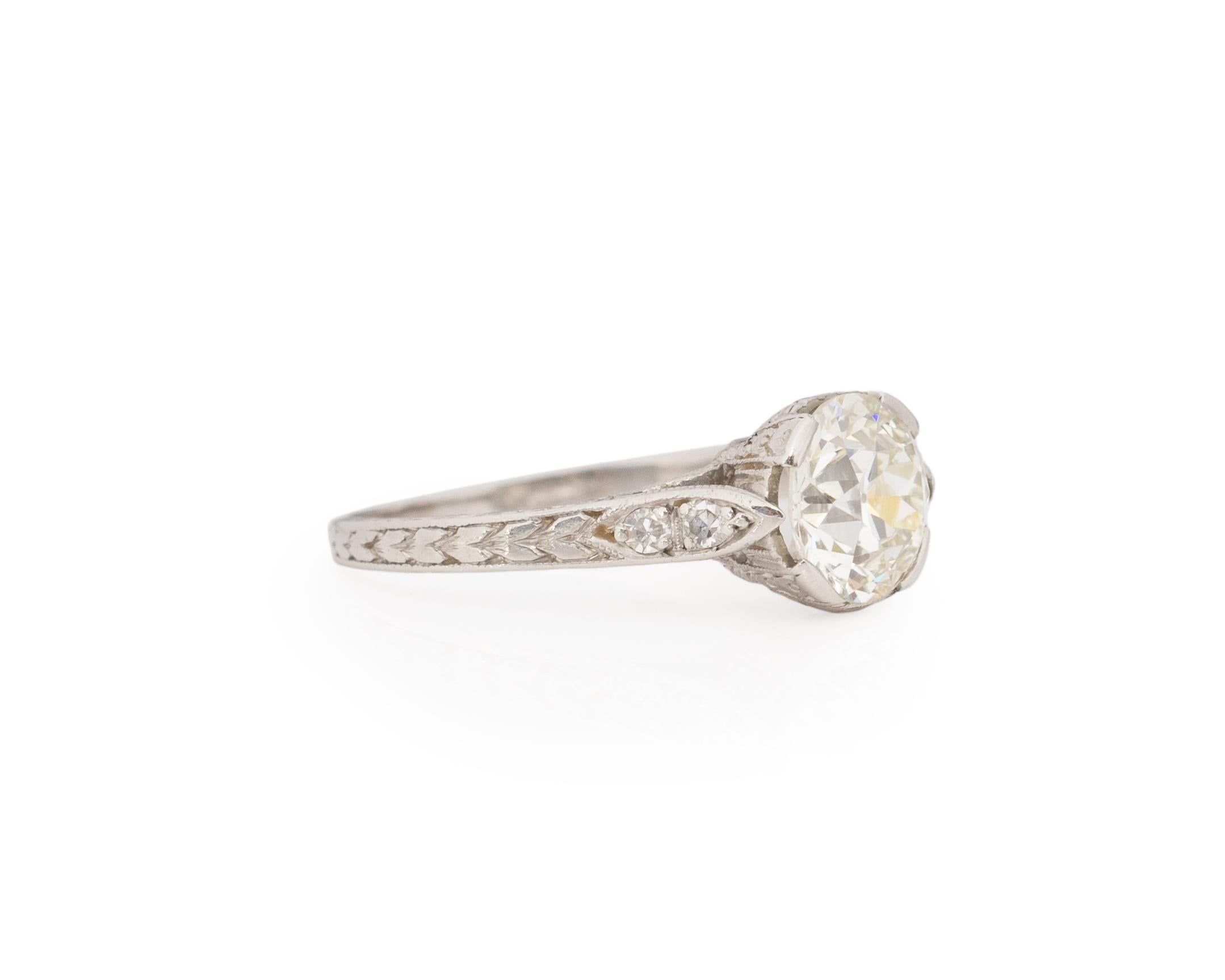 Ring Size: 5
Metal Type: Platinum [Hallmarked, and Tested]
Weight: 2.8grams

Center Diamond Details:
GIA LAB REPORT #:2195877246
Weight: 1.38ct
Cut: Old European brilliant
Color: L
Clarity: SI1
Measurements: 7.13mm x 6.93mm x 4.40mm

Finger to Top