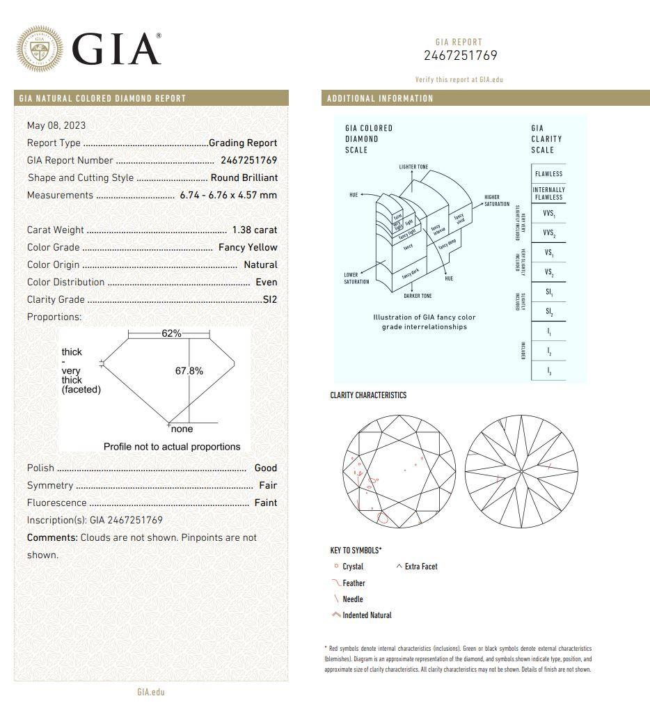 GIA Certified 1.38 Carat Fancy Yellow SI2 Clarity Diamond For Sale 1