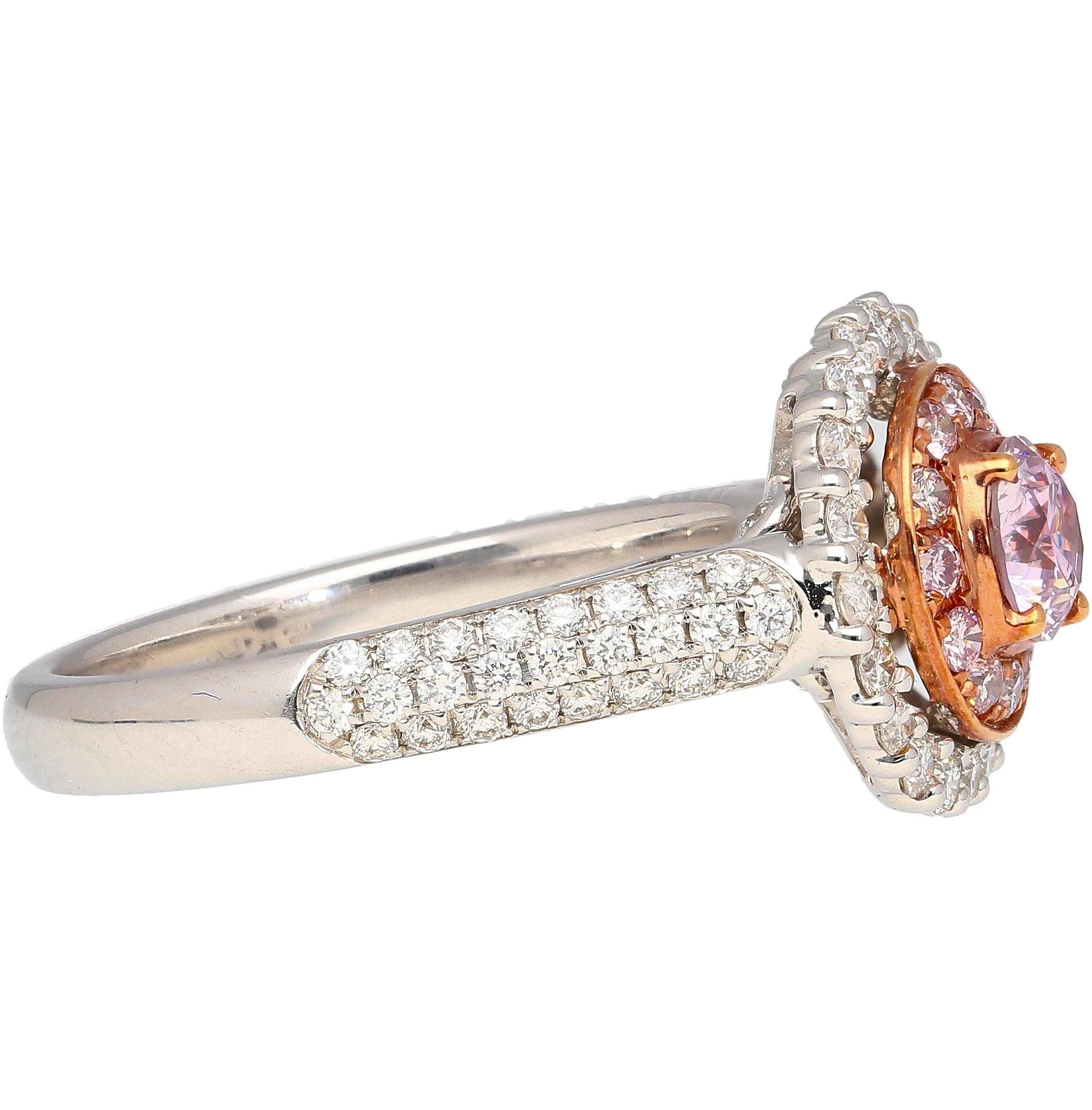 Modern GIA Certified 1.38 CTW Round Fancy Pink-Purple Diamond Ring with Diamond Halo For Sale