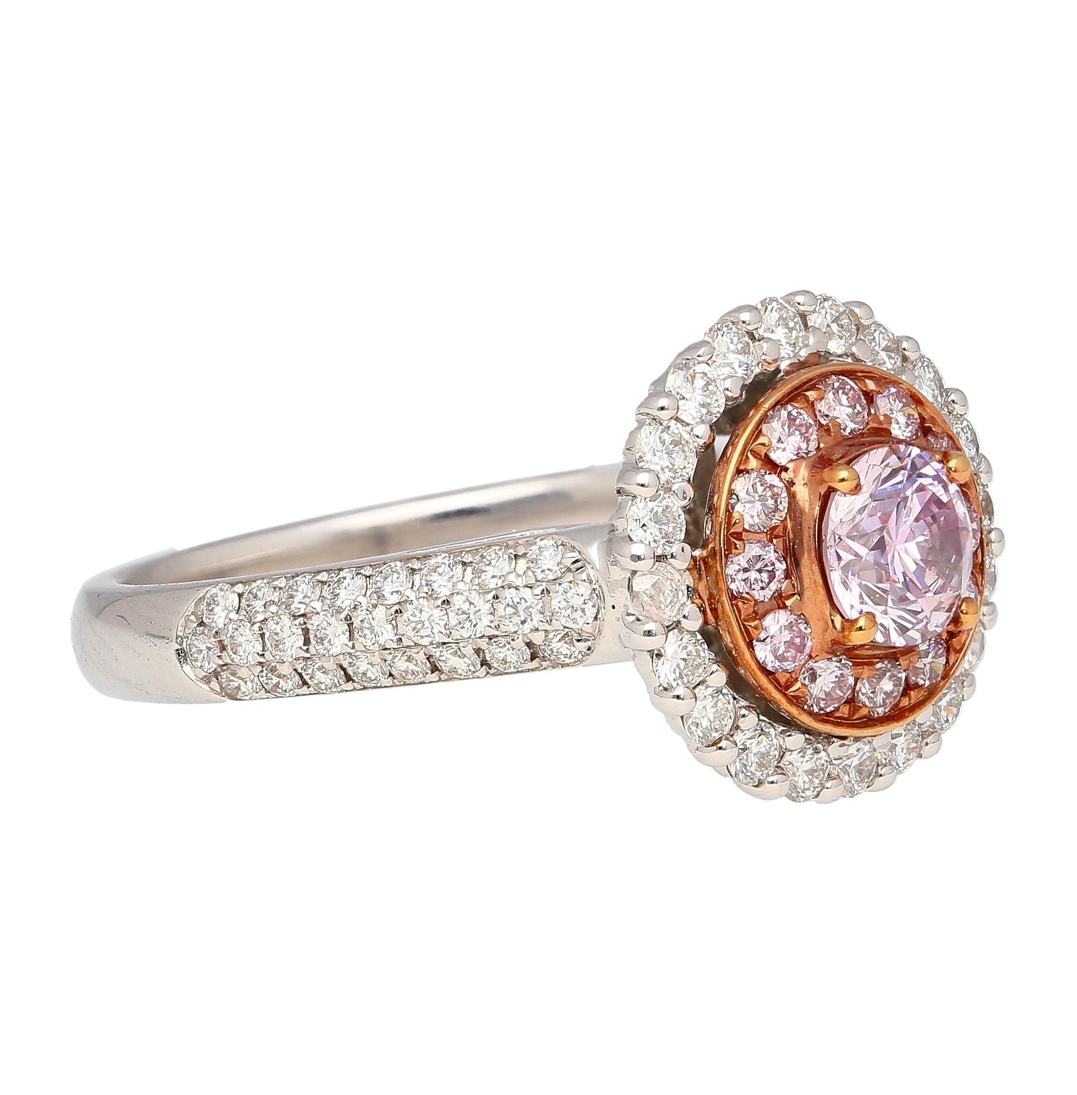 Round Cut GIA Certified 1.38 CTW Round Fancy Pink-Purple Diamond Ring with Diamond Halo For Sale