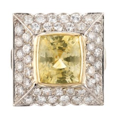 Vintage GIA Certified 13.81 Carat Yellow Sapphire Diamond Gold Platinum Cocktail Ring