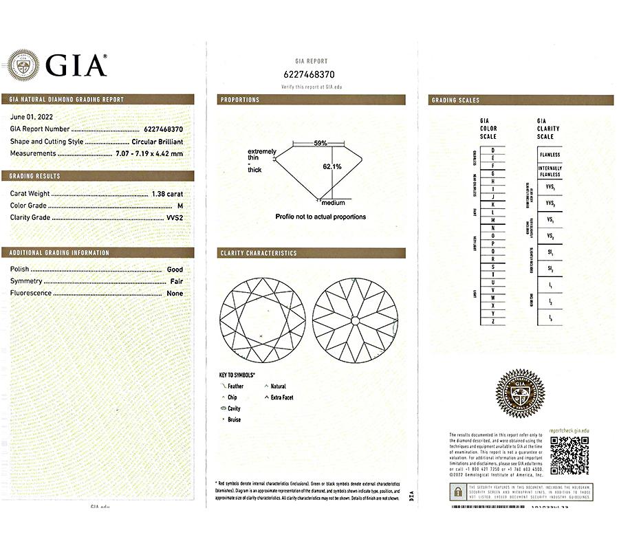 Anillo de compromiso de diamantes certificado por GIA de 1.38ct en Bueno estado para la venta en New York, NY