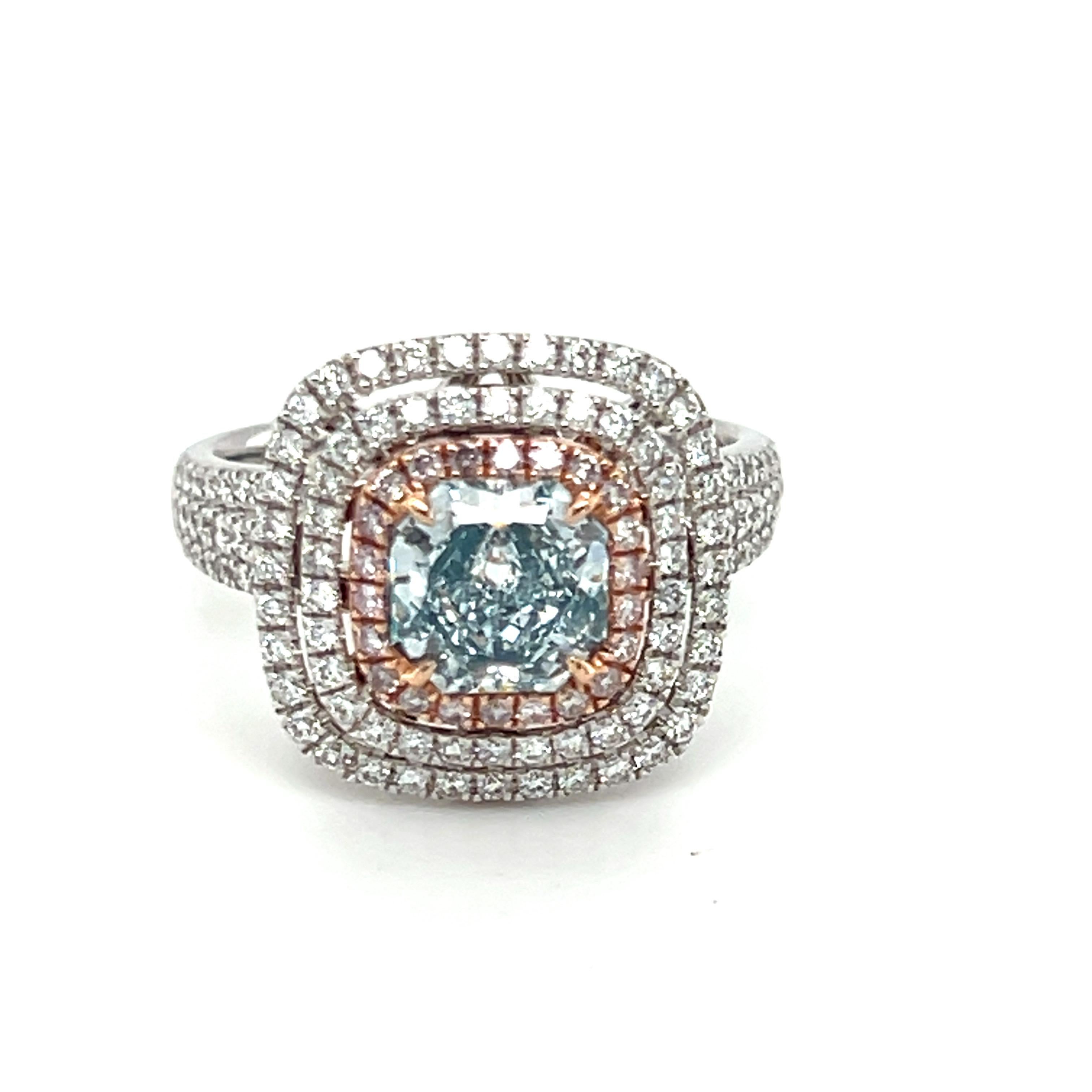 GIA Certified 1.39 Carat Cushion Natural Greenish Blue Diamond Engagement Ring For Sale 5