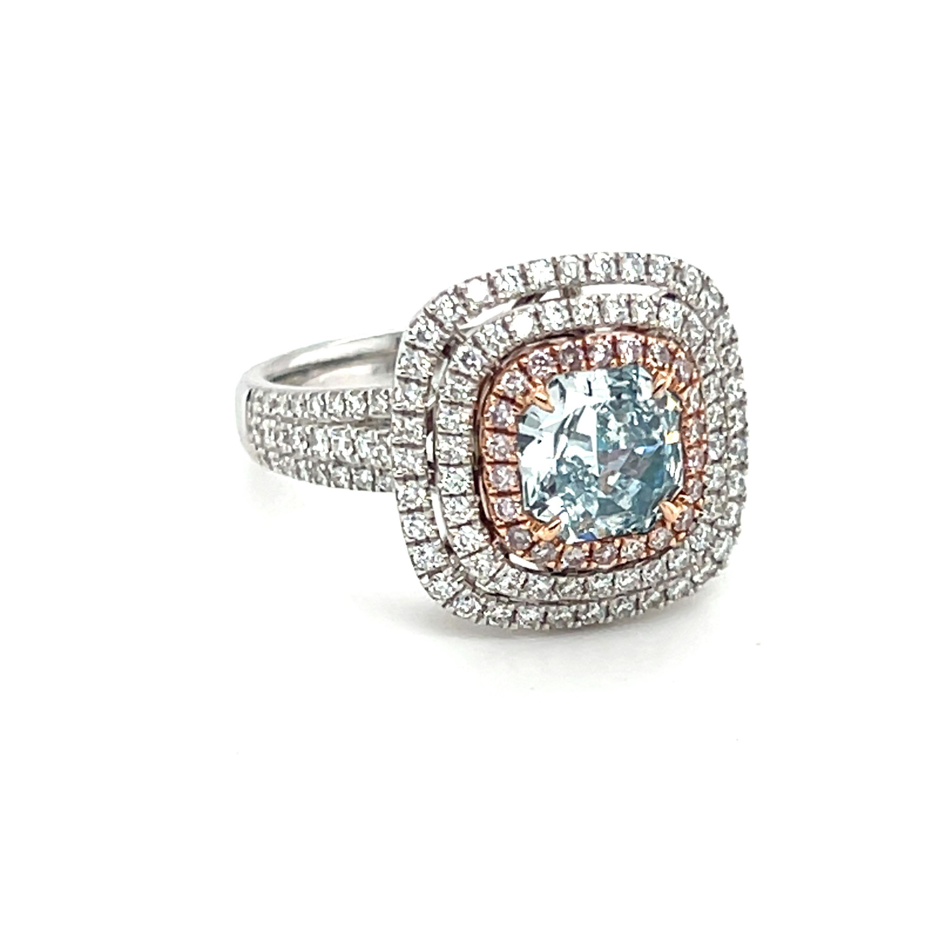 GIA Certified 1.39 Carat Cushion Natural Greenish Blue Diamond Engagement Ring For Sale 6