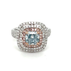 GIA Certified 1.39 Carat Cushion Natural Greenish Blue Diamond Engagement Ring