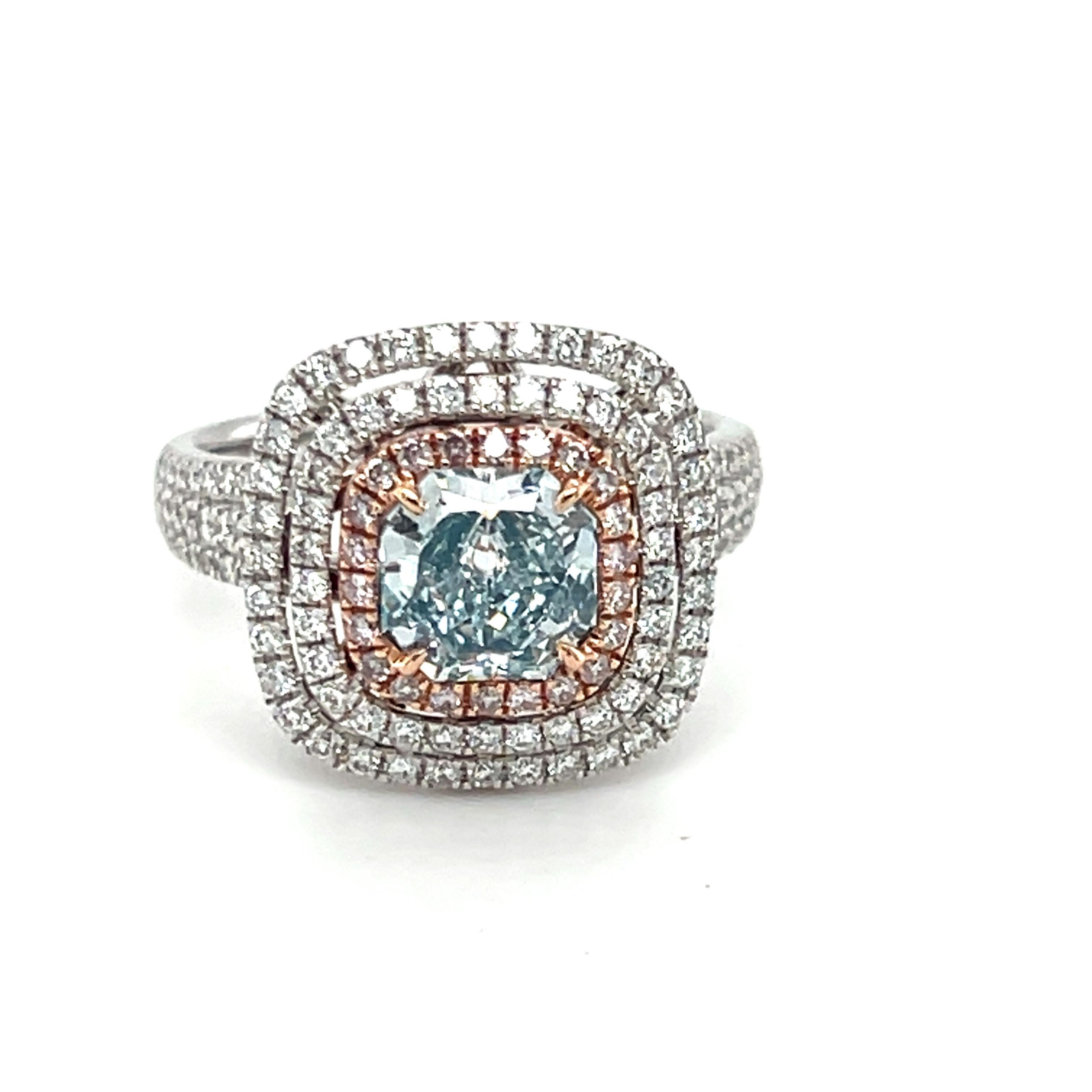 GIA Certified 1.39 Carat Cushion Natural Greenish Blue Diamond Engagement Ring In New Condition For Sale In Trumbull, CT