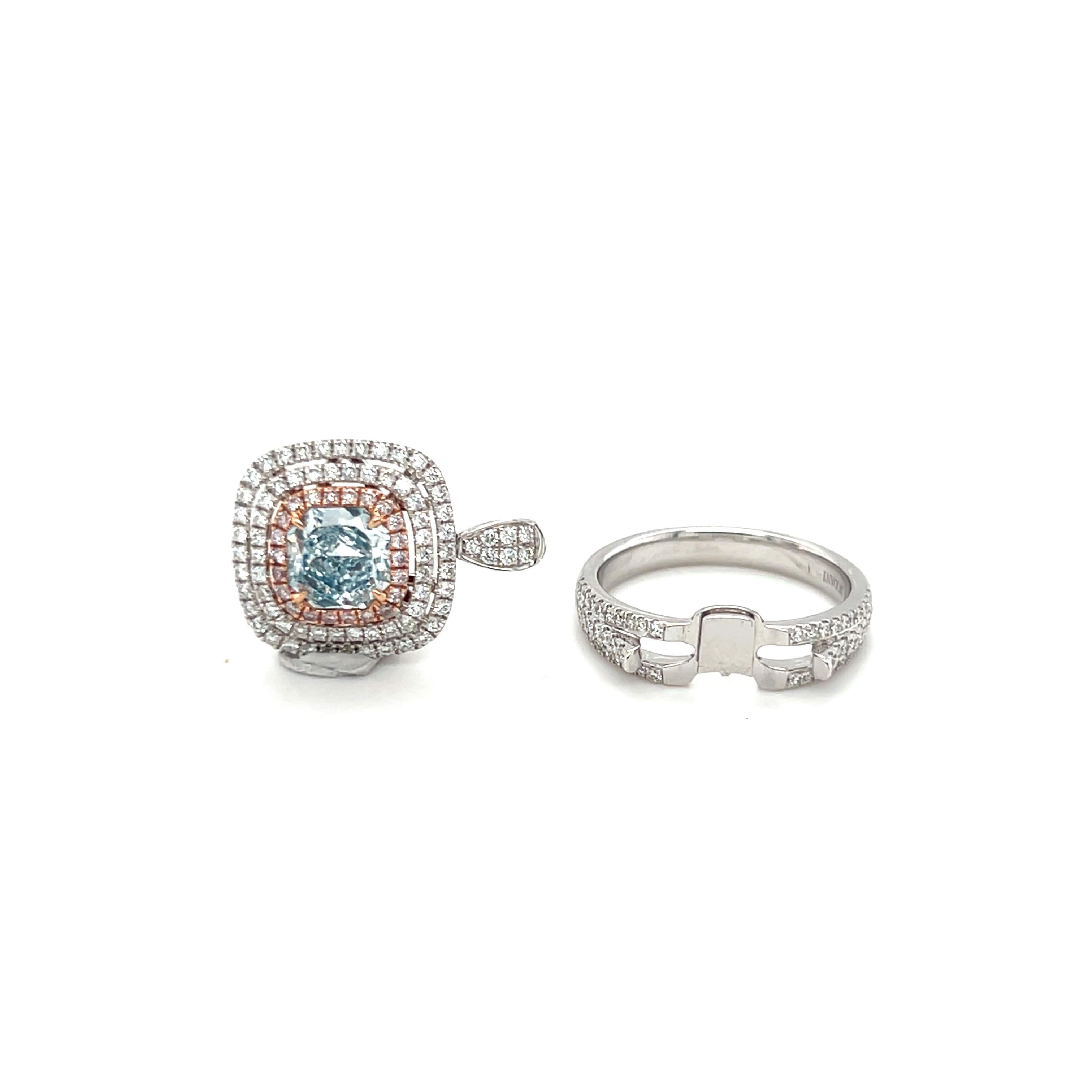 Women's GIA Certified 1.39 Carat Cushion Natural Greenish Blue Diamond Engagement Ring For Sale