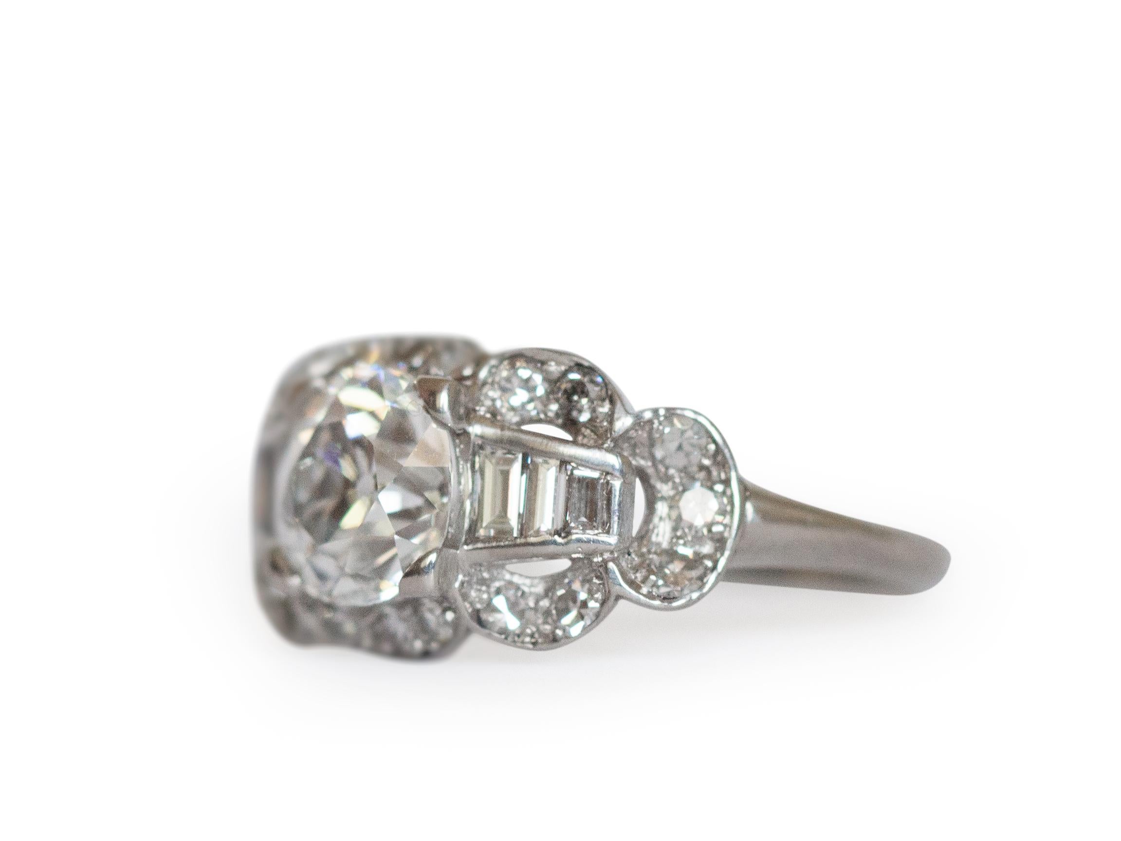 Ring Size: 6.5
Metal Type: Platinum  [Hallmarked, and Tested]
Weight: 4  grams

Center Diamond Details:
GIA REPORT #:1172618082
Weight: 1.39 carat
Cut: Antique Cushion
Color: G
Clarity: SI1

Side Diamond Details:
Weight: .25 carat, total weight
Cut: